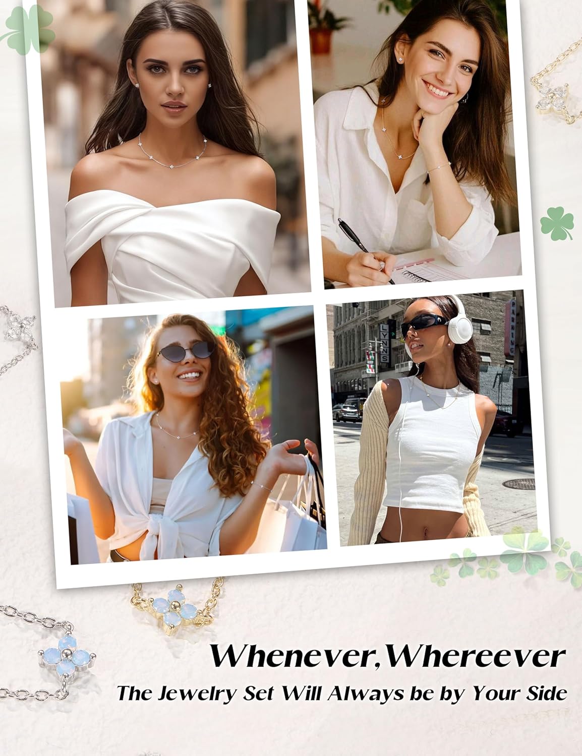 ORAZIO Dainty Silver Gold Jewelry Set for Women Trendy 14K Gold Plated CZ Flowers Pendant Choker Necklaces for Women Stud Earrings Clover Link Bracelets Stack Jewelry Gifts for Wedding Prom Brides - Image 6