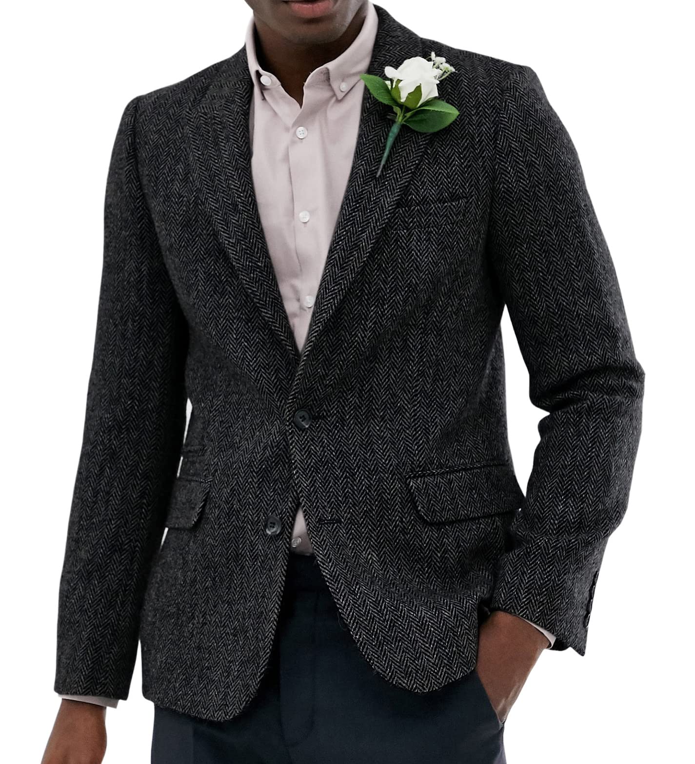 Solovedress Men's Classic Herringbone Blazer Tweed Coat Tuxedos Suit Jacket For Wedding Groomsmen(Black,S)