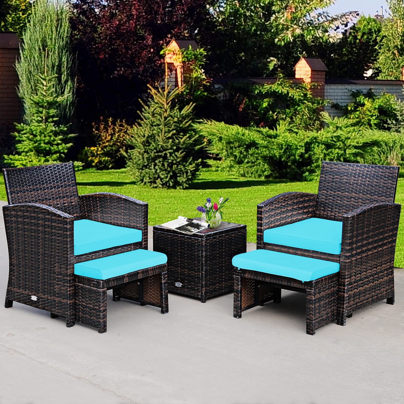 GIANTEX 2 Taburetes Reposapiés de Ratán de Jardín, Cojín Impermeable Extraíble, Taburetes, Mesas, Multiusos, 49 x 40 x 28 cm, Azul