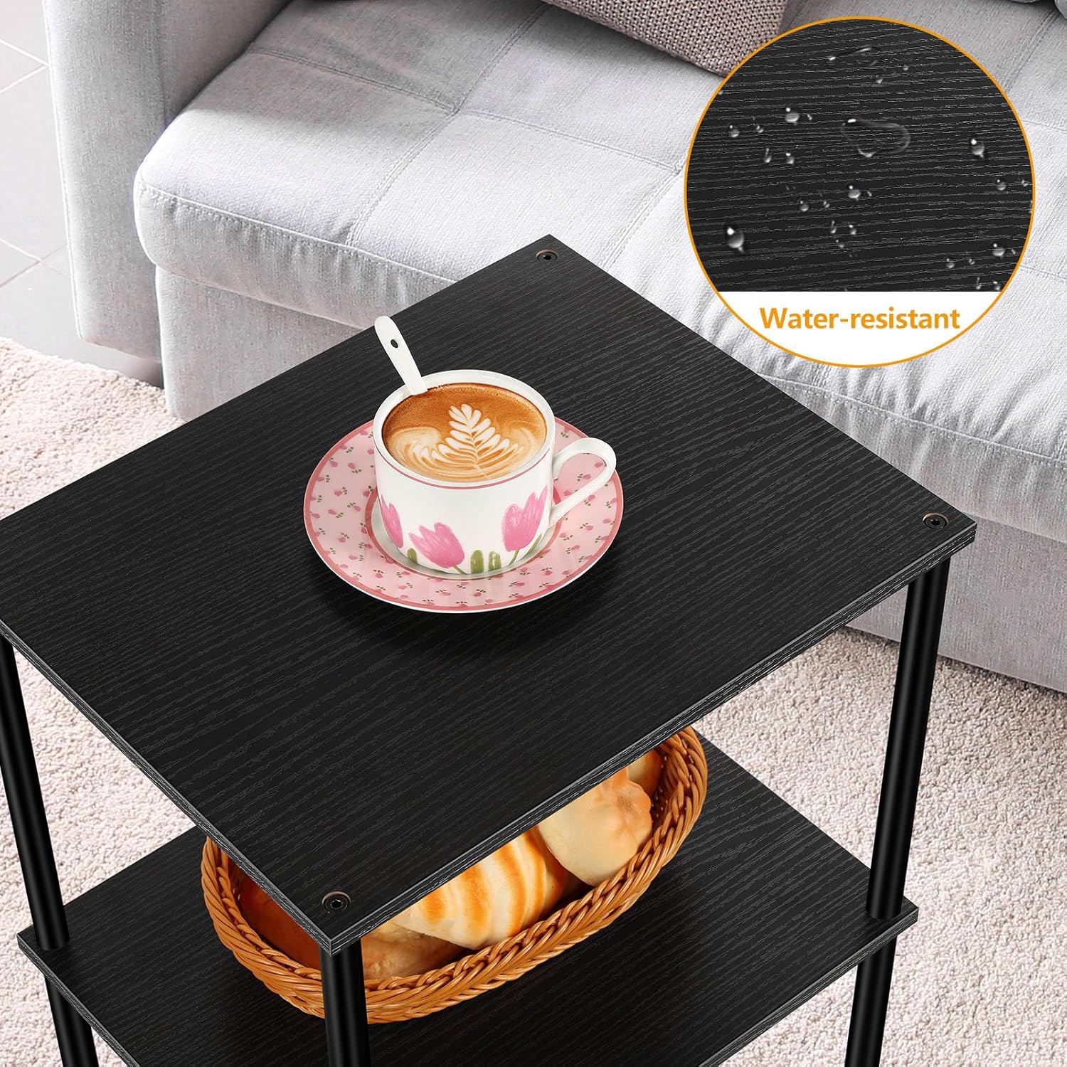 30 Inch Tall End Table 3 Tier Small Side Table for Small Space Black Nightstand With Metal Frame, Vintage Side Table for Home Office, Living Room, Hallway