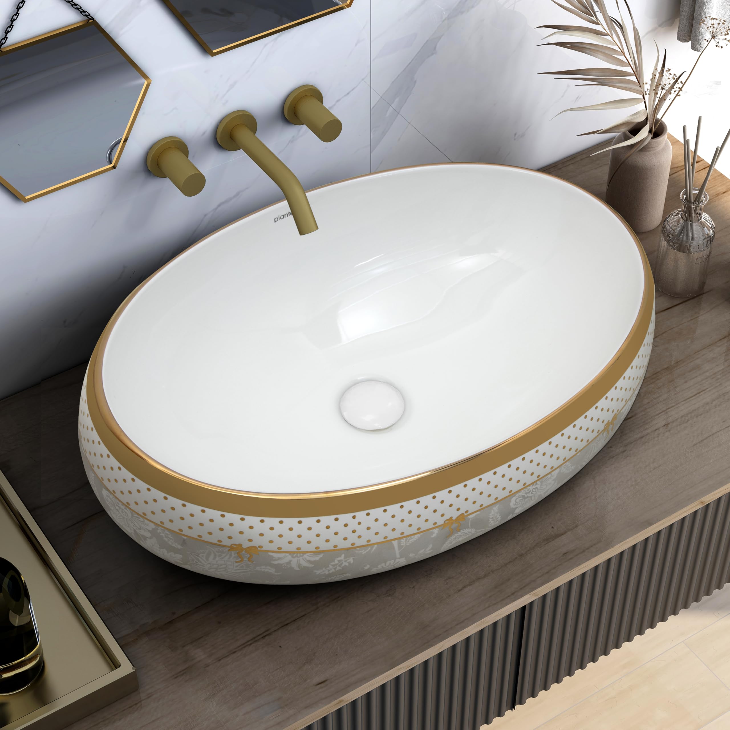 Plantex Ceramic Wash Basin - White & Gold -13 Plantex Ceramic Wash Basin - White & Gold -13