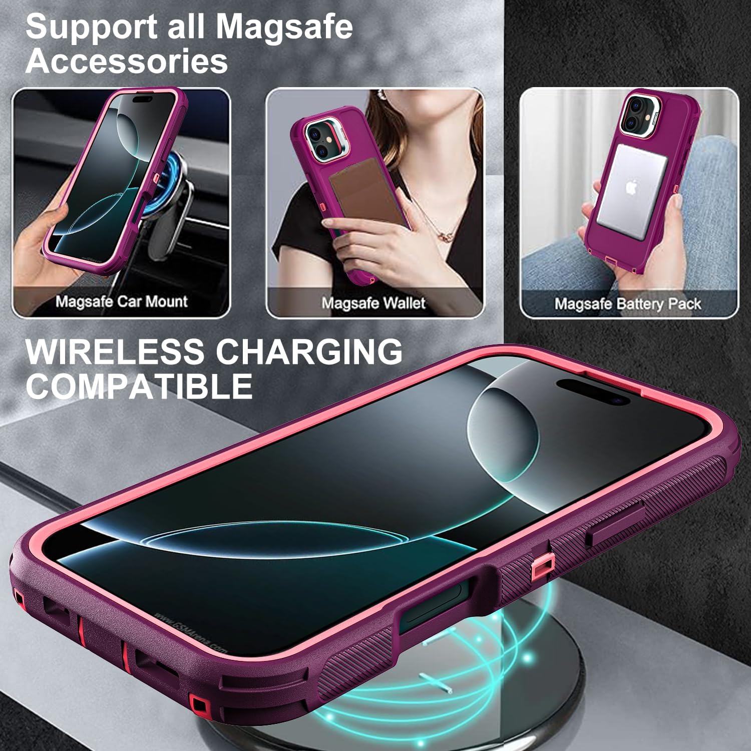 YKHJKLEC for iPhone 16 Pro Case, Military Grade 3 in 1 Heavy Duty Shockproof/Drop Proof/Dust Proof with Kickstand Case, with 2 x Tempered Glass Screen Protector & 1 x Wrist Strap (ZJ-Purple/Pink)