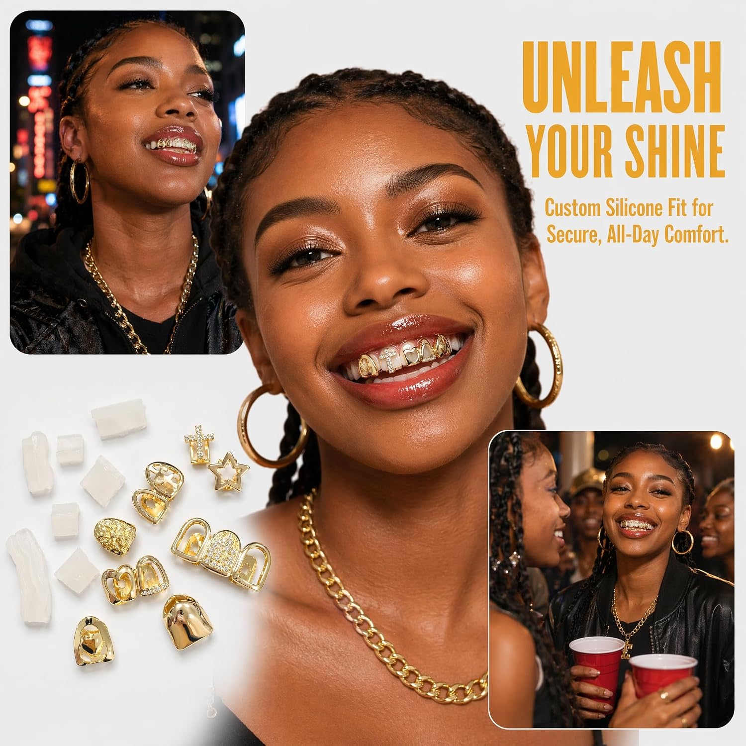8 PCS Gold Teeth Grillz, Reusable Fake Tooth Grill Caps Set with Molding Bars, Dental Jewelry for Men Women, Hip Hop Rapper Costume Accessory, Halloween Party
