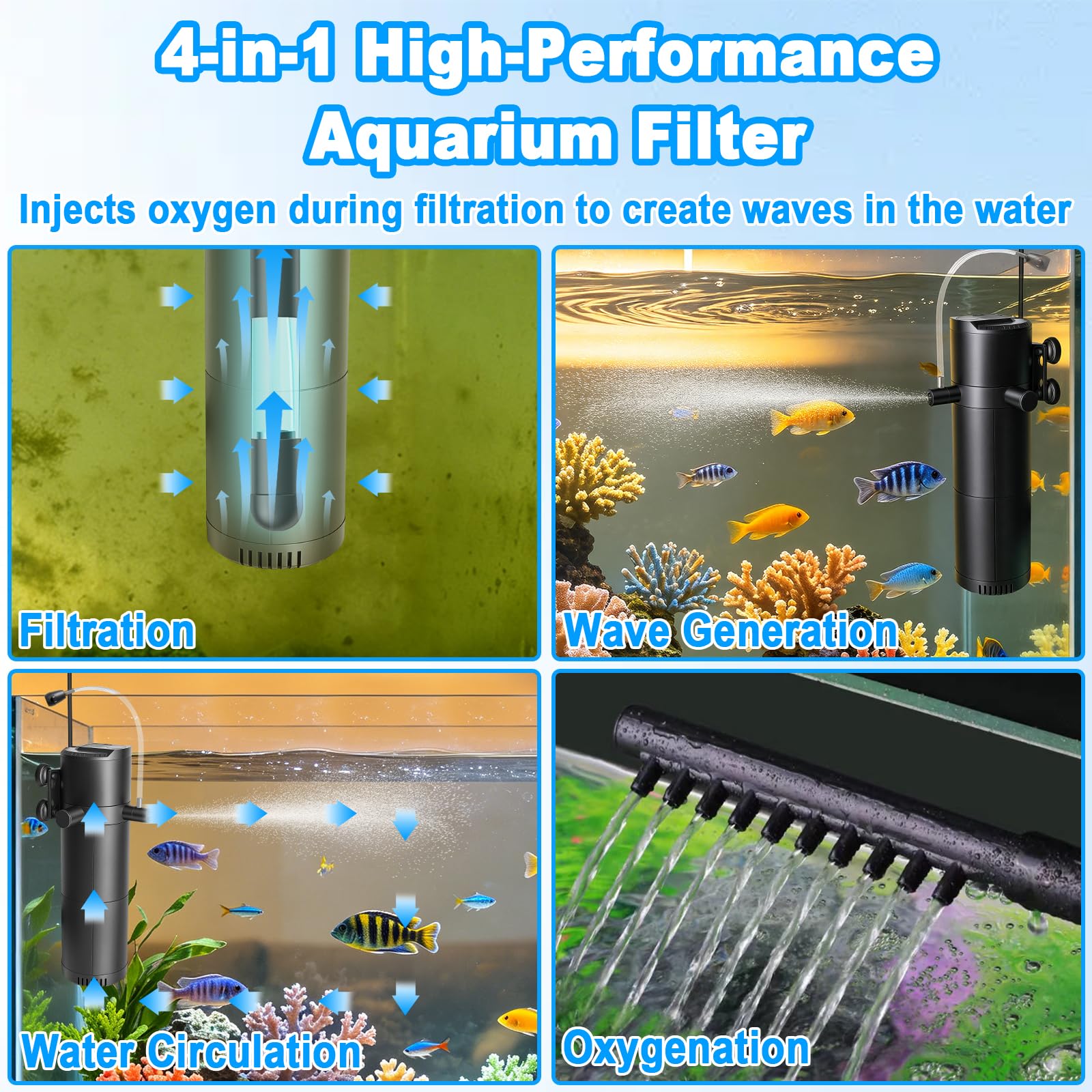 Filtro interno per acquario, Filtro per acquario 5-in-1 con sterilizzatore UV e timer, Pompa filtrante regolabile con aerazione e doccia a pioggia, 500 L/H, Pompa chiarificante per acqua dolce e