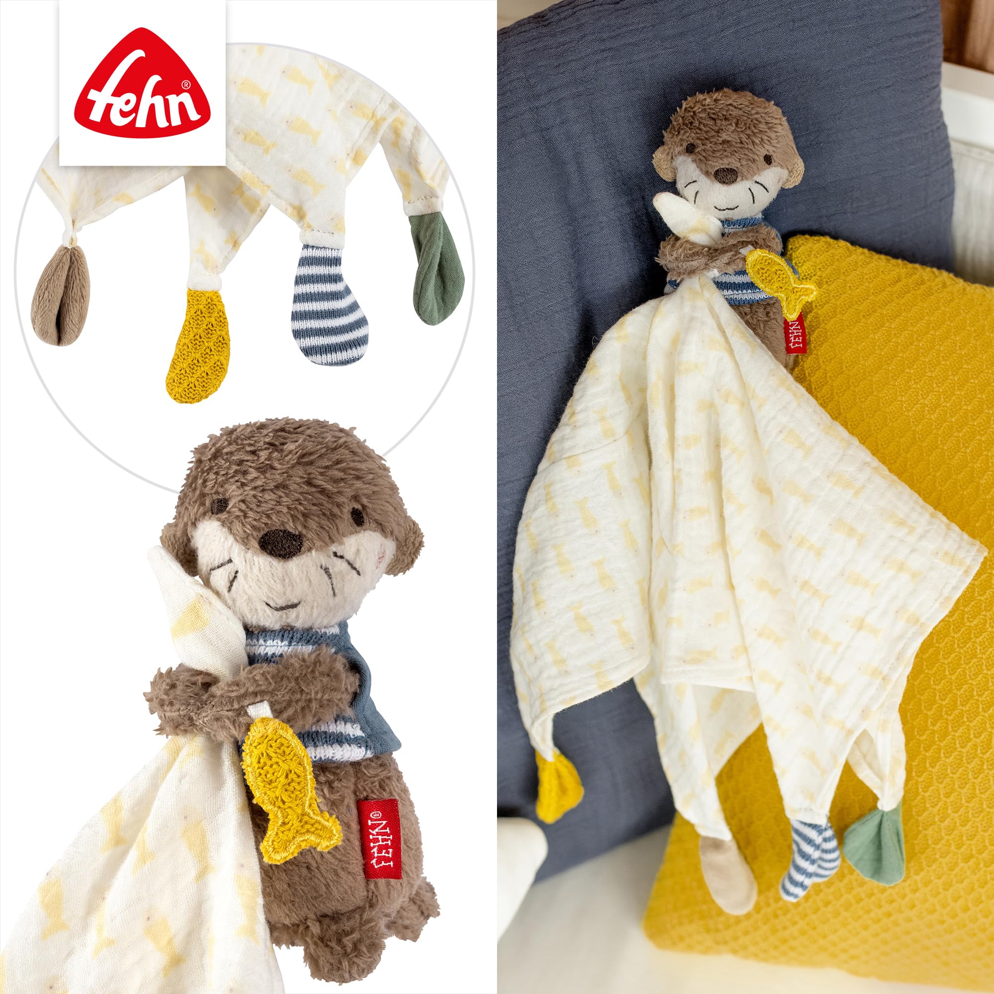 Fehn pañuelo de Muselina Nutria, Ayuda para Dormir y Peluche con Tela de Muselina de algodón y simpática Figura de Juguete, Tela de Peluche para bebés y niños pequeños a Partir de 0 Meses