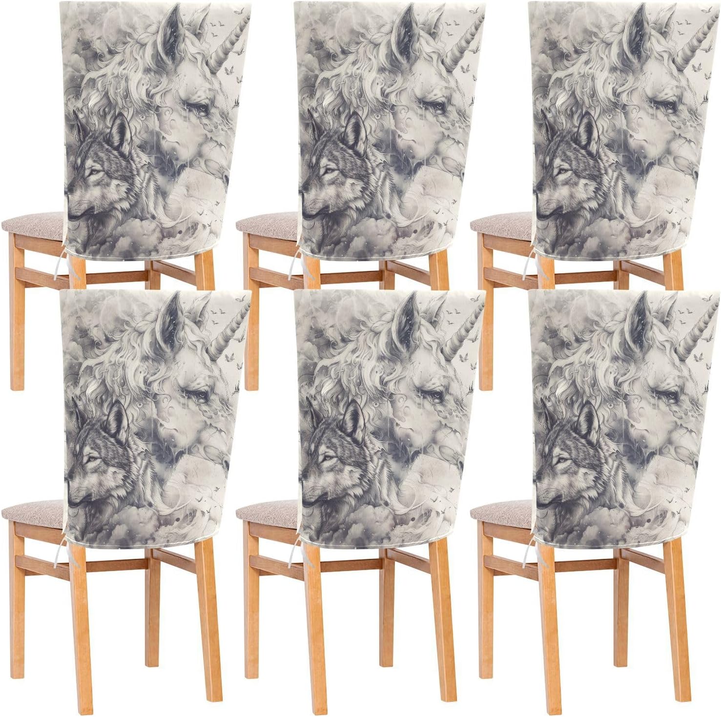 ALAZA Vintage Unicorn and Wolf Chair Back Cover Set of 6, Washable Reusable Removable Chair Slipcovers Decorative Chair Cover for Home Kitchen Wedding Party