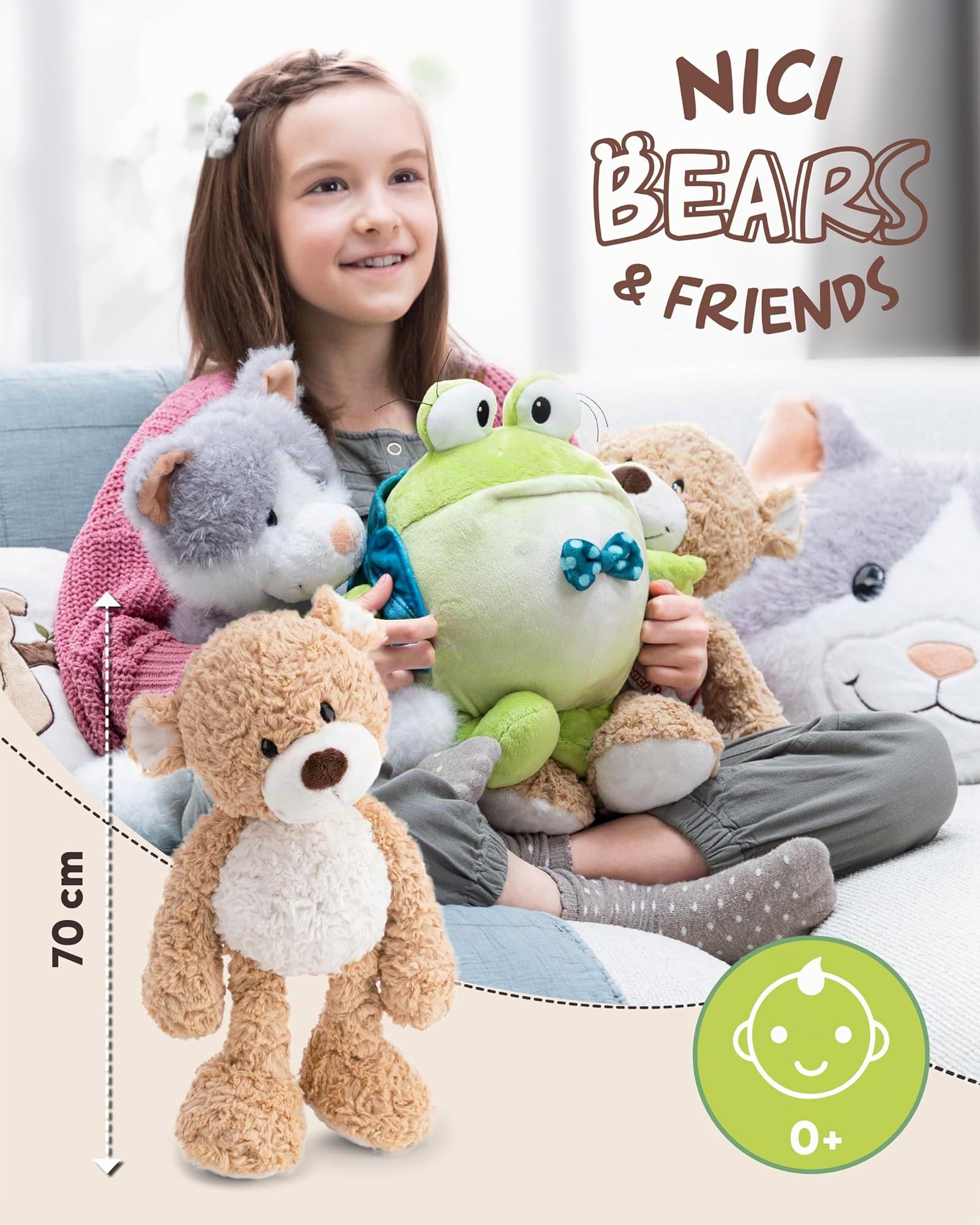 NICI Kuscheltier Bär Finni 70cm - karamell - 62966 | Stofftier aus weichem Plüsch, niedliches Plüschtier zum Kuscheln und Spielen, für Kinder & Erwachsene, tolle Geschenkidee