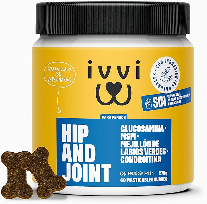 ivvi - Hip and Joint - Articulaciones, Antiartrosis - Complemento Alimenticio para Perros, Altamente Concentrado - MSM, Mejillón de Labio Verde, Glucosamina - 60 Golosinas de Pollo, 270g