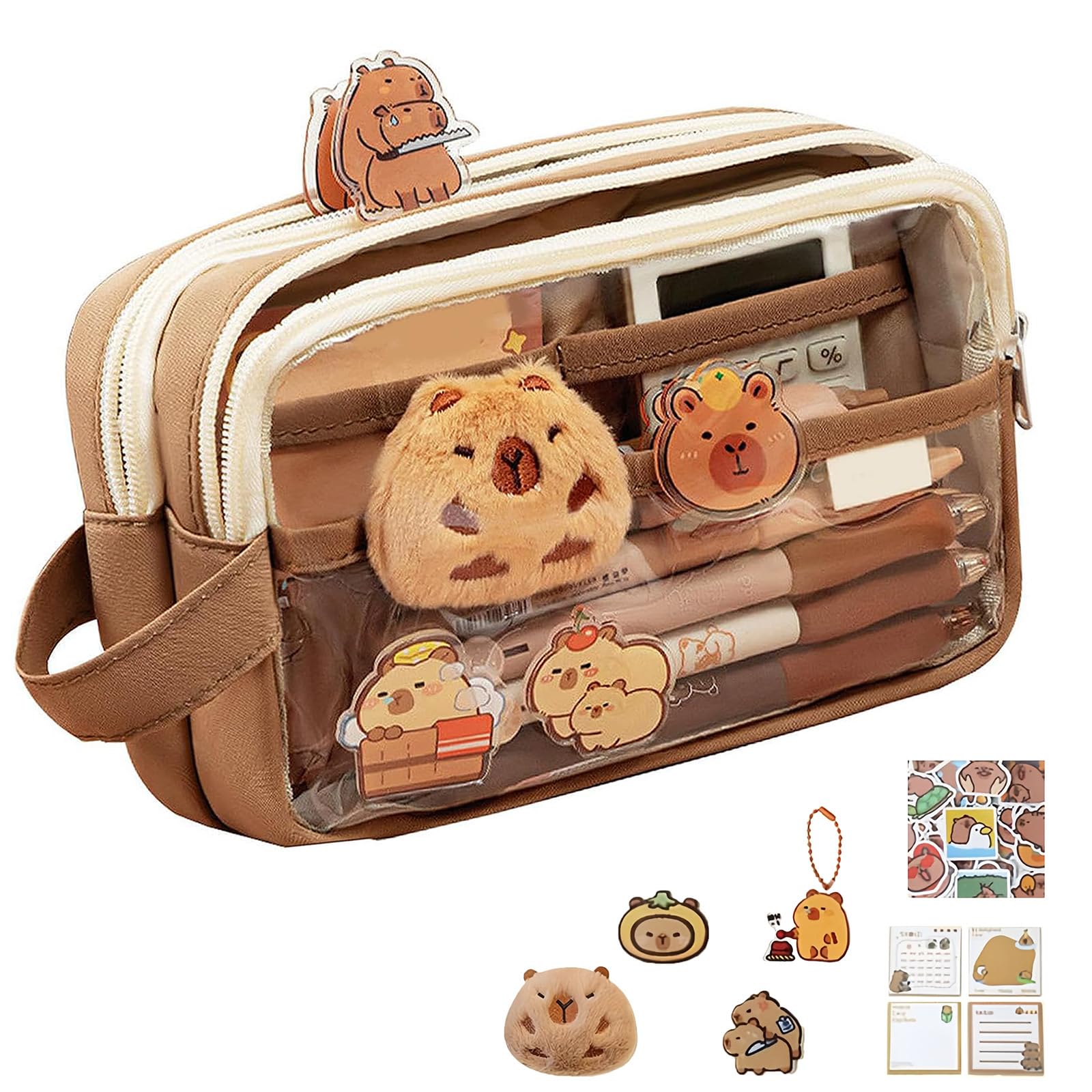 HUANYO Capybara Pencil Case with Doll & 20 Stickers | Stationery Pouch for School, Cosmetics, Toiletry | Includes 2 Brooches, Pendants (Cute Capybara Design)