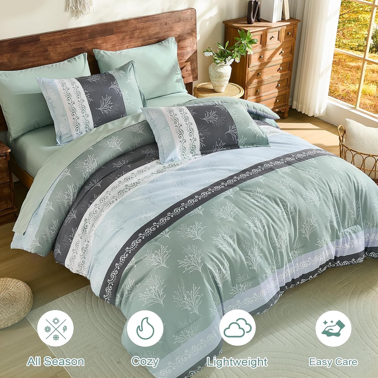 DJY Boho Comforter Set Queen Size, Sage Green Striped Bed in a Bag 7 Pieces Comforter with Sheet Set, Soft Microfiber Reversible Bedding Set for All Season(90''x90'')