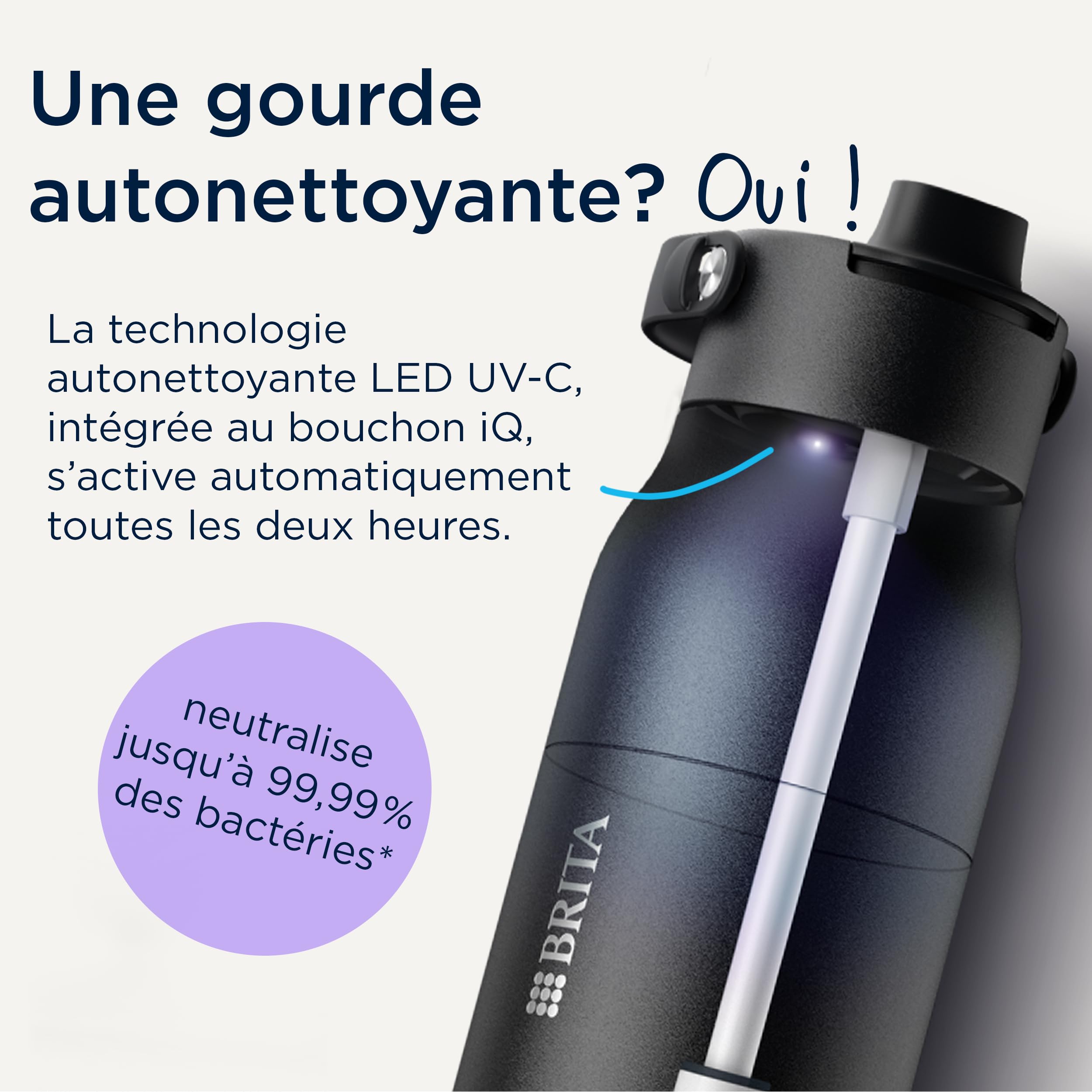 BRITA LARQ iQ gourde filtrante connectée noire 680 ml en inox, appli suivi hydratation, filtre charbon actif + LED UV-C, réduit jusqu’à 99,99% des bactéries, PFAS et micro-impuretés.