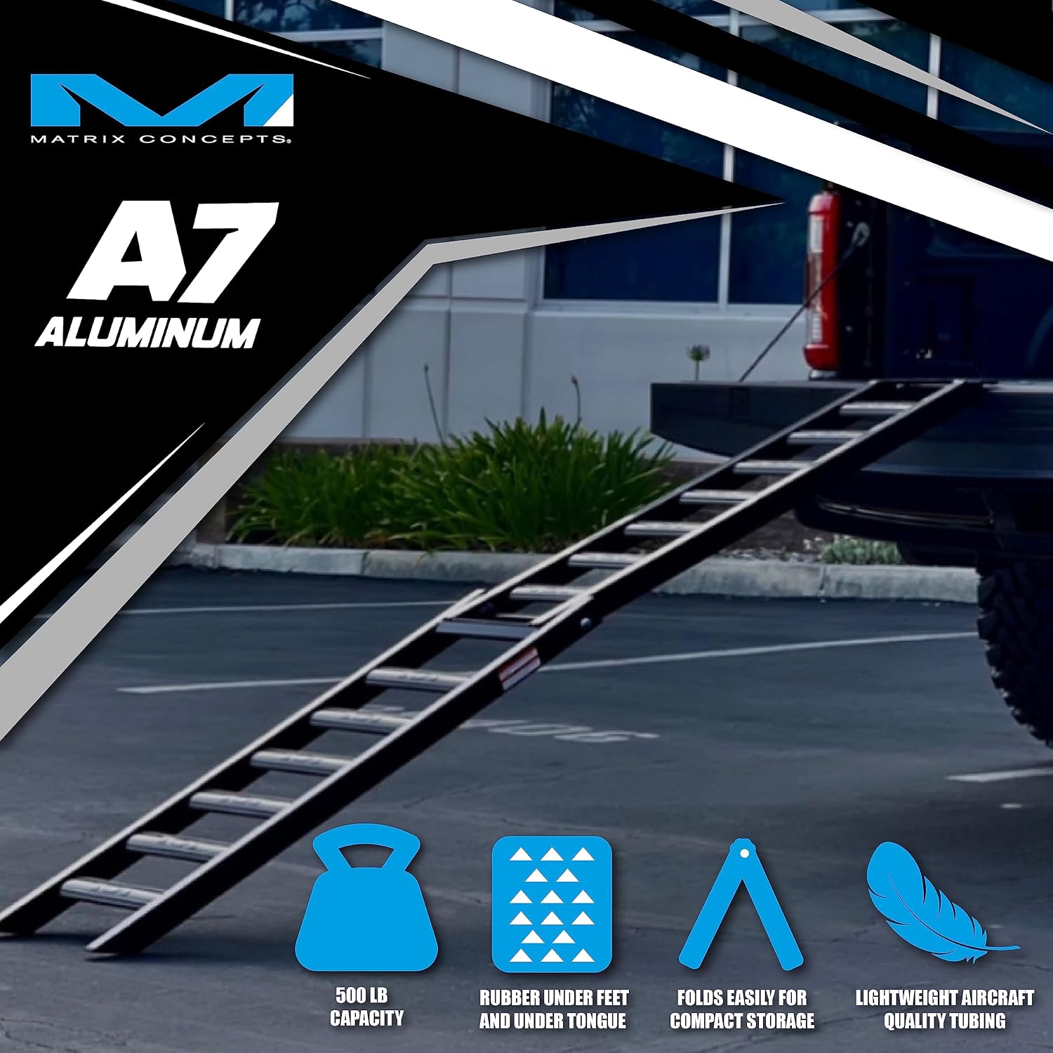 Matrix Concepts A7 Folding Ramp Aircraft Aluminum Construction with 500 lbs Weight Capacity for Dirt Bikes, ATV & UTV Includes Sticker Pack (Black/White)