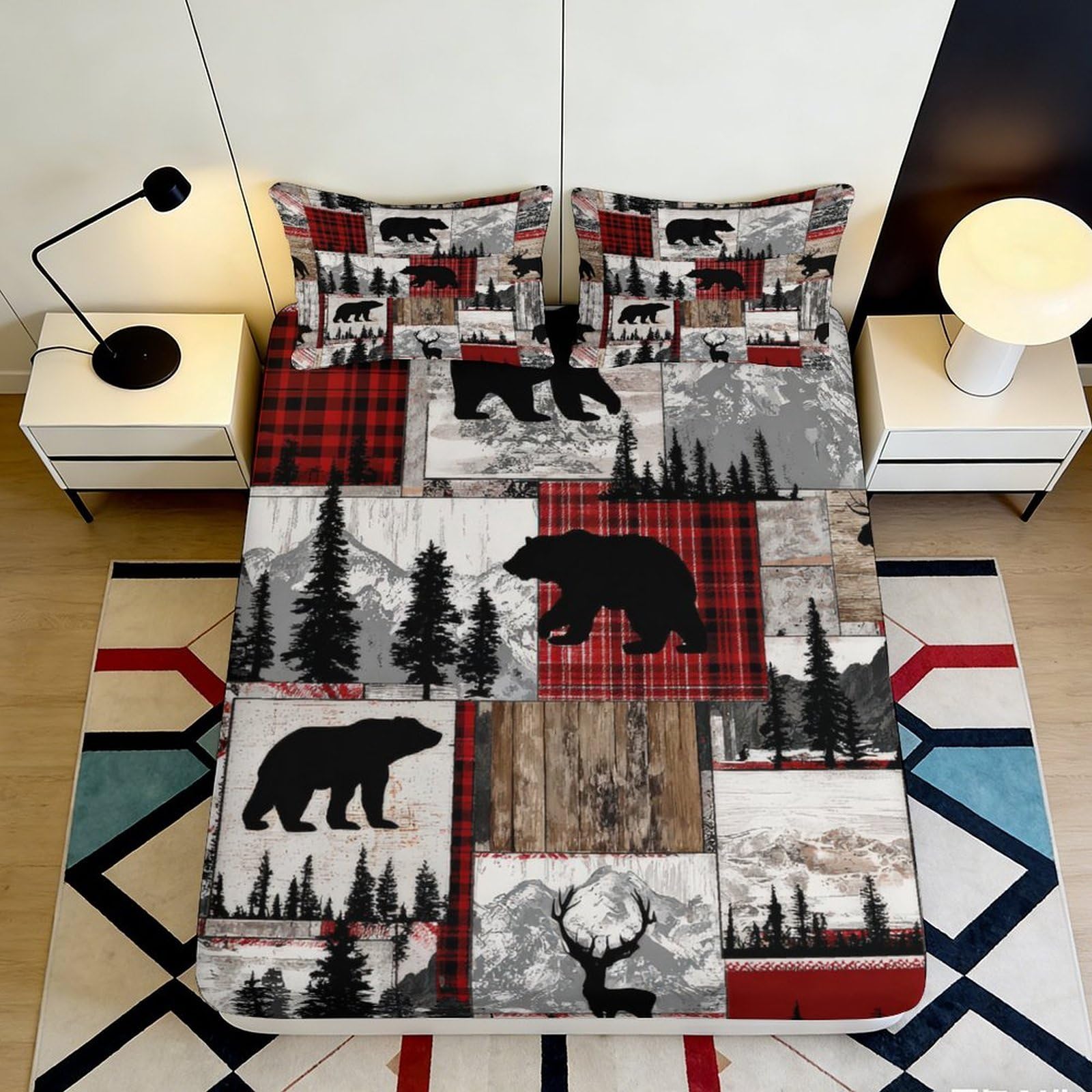 3D Printed Bear Forest Fitted Sheet Microfiber Soft Breathable Elk Bed Cover for Bedroom Guest Room Decor 90x200x25cm