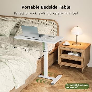 Gibbon Mounts Overbed Bedside Table, 32 Inch Mobile Standing Desk with Hidden Wheels, Pneumatic Height Adjustable Rolling Laptop Cart for Home, Office, White