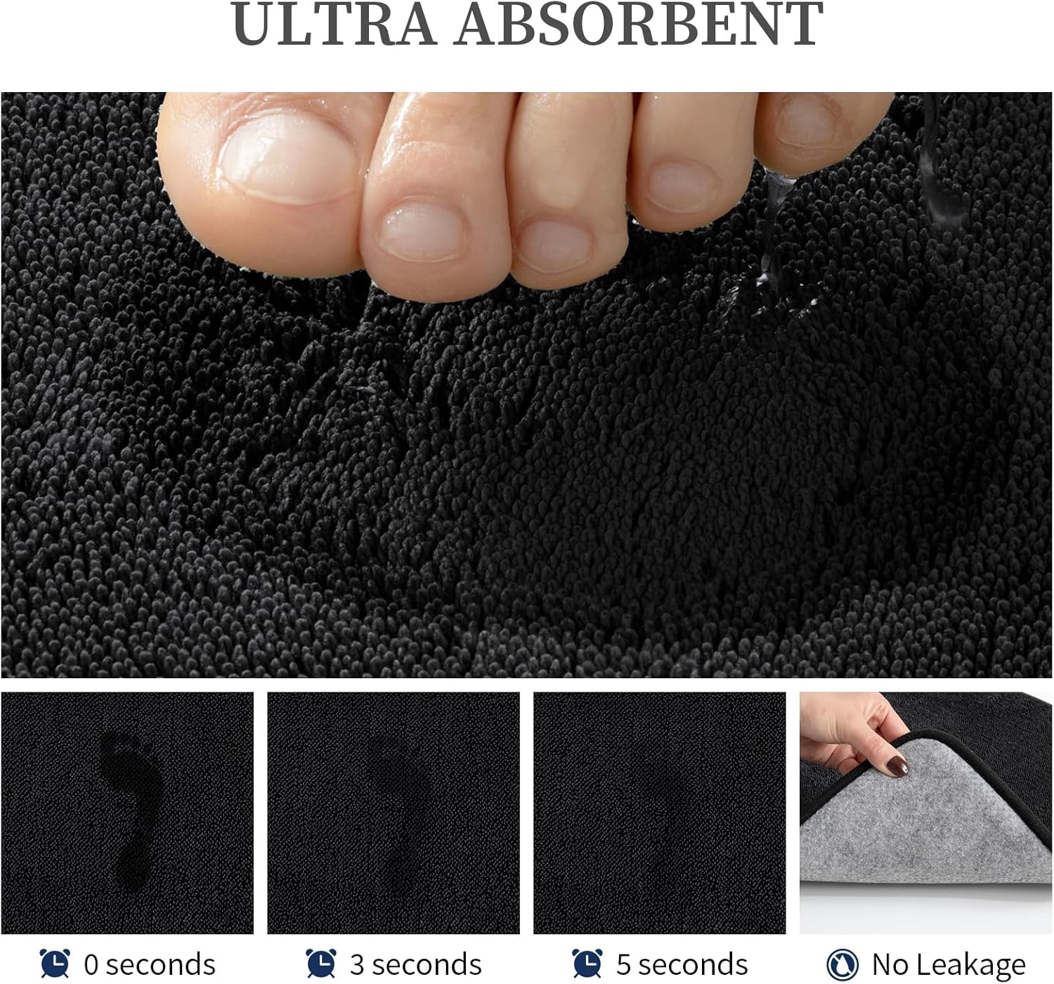 YIHOUSE Memory Foam Bathroom Rugs Sets 2 Piece - Extra Thick Soft Towel-Like Absorbent Bath Mat Set, Non Slip Machine Washable Bath Rugs Carpet for Bath, Tub and Shower (24"x17"+24"x20"U, Black)