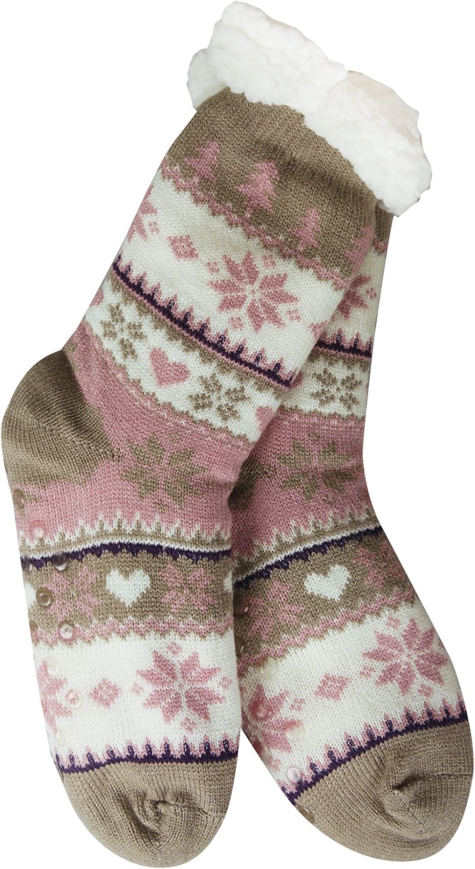 Sherpa Womens Thermal Slipper Socks (Taupe/Pink Snowflake and Heart)