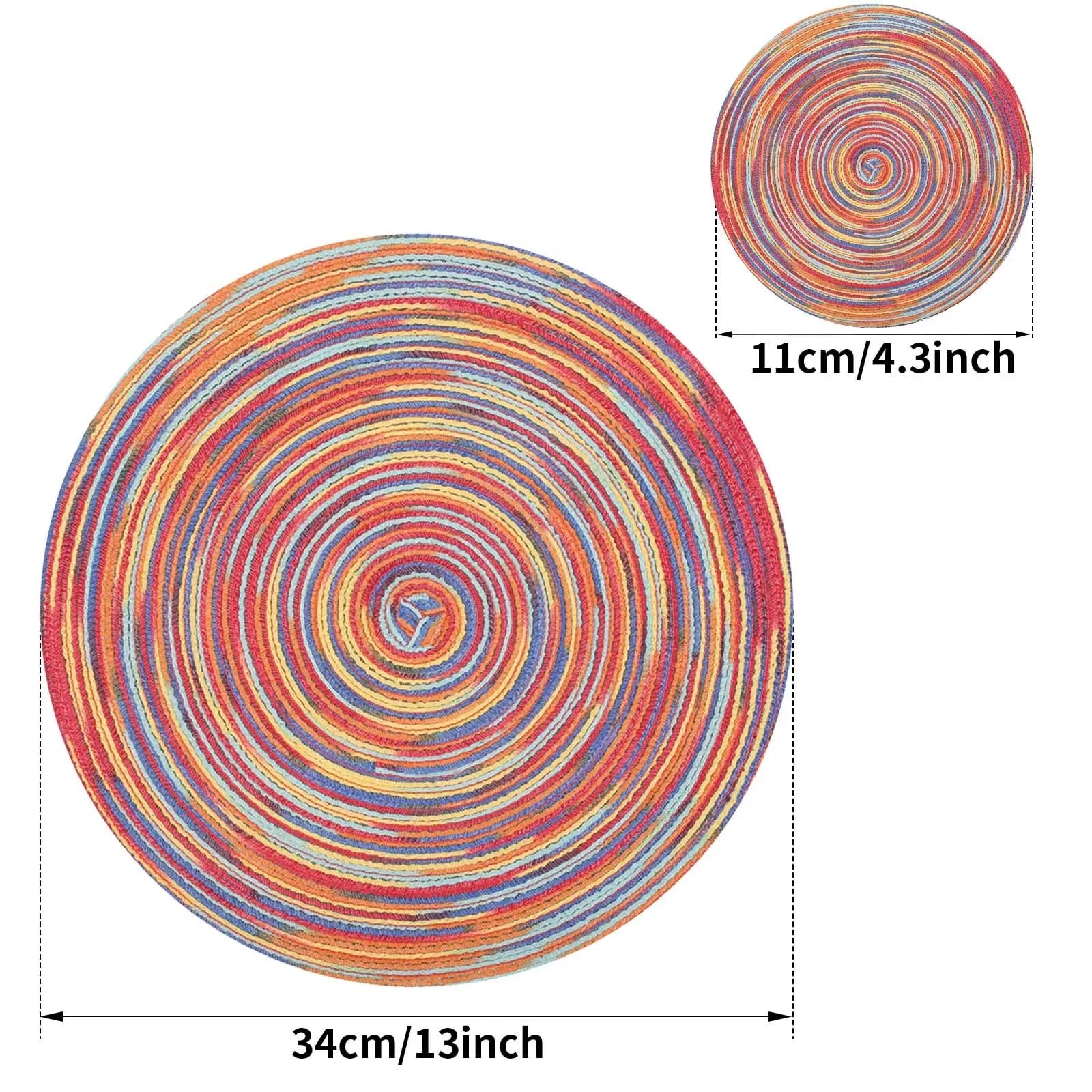 Set De Table Tressé Rond Napperon en Coton tissé Rond, 34/38cm, Tapis de Table résistants à la Chaleur, sous-Verres lavables(Rainbow Grey,Set of 6)
