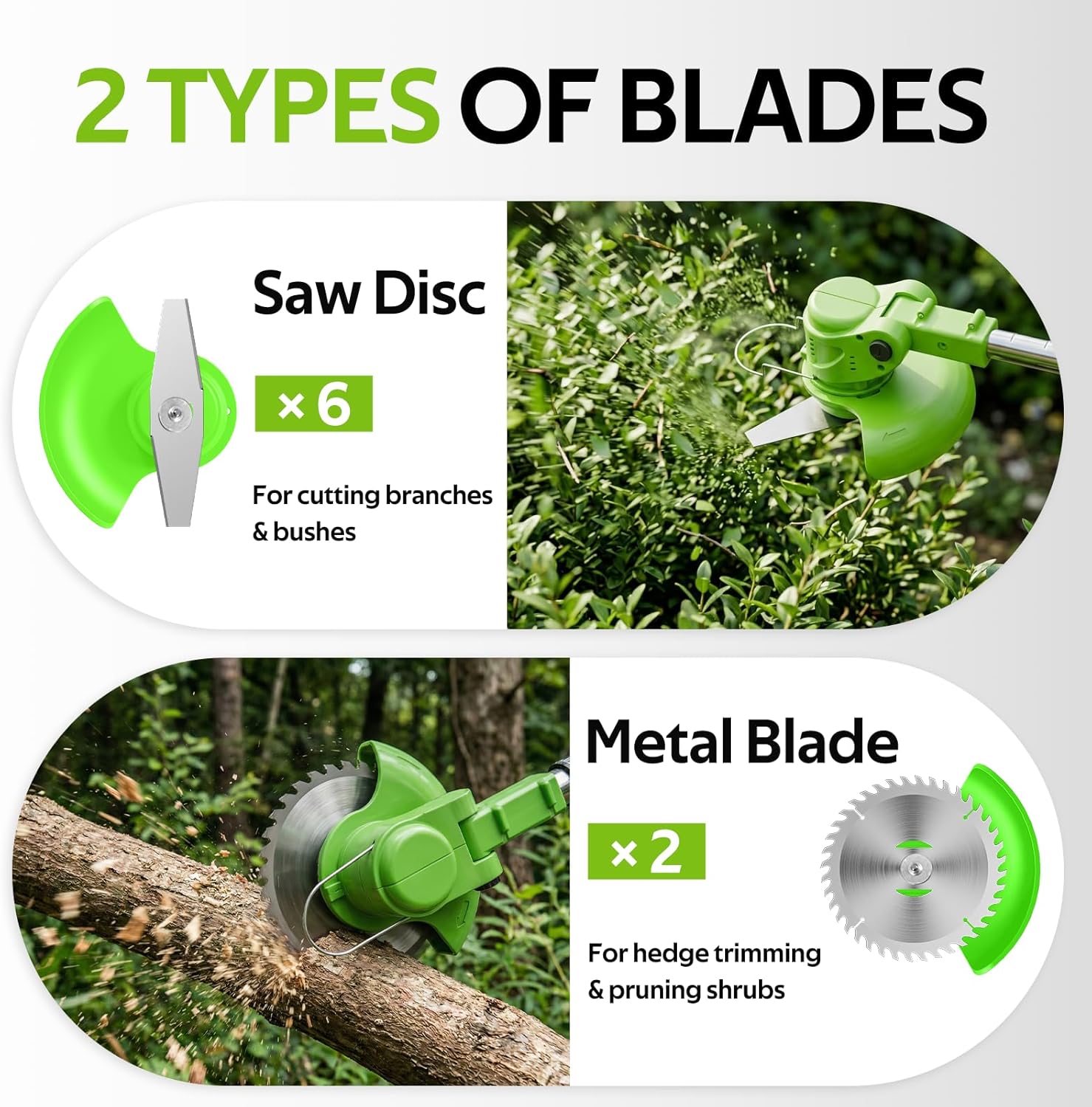 Electric Weed Wacker, Cordless Weed Eater Lightweight Grass Trimmer Cutter with 2x2.0Ah Battery Brush Cutter/Edger/Mower with 2 Types Blade & Wheels for Garden and Yard Lawn