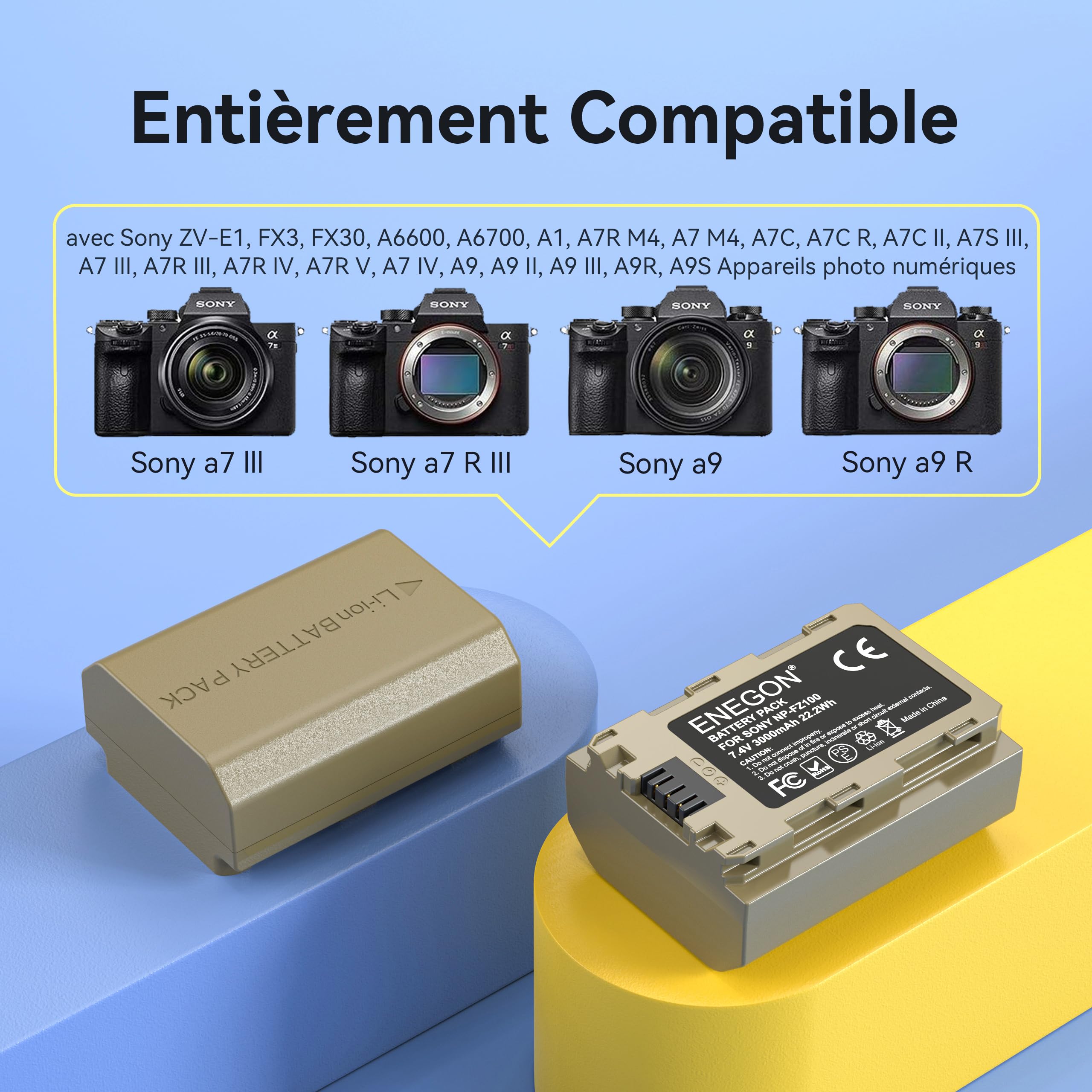 ENEGON Chargeur Rapide 20W pour NP-FZ100 avec Rangement Double et 2 Batteries (2X 3000mAh) Compatible avec Sony A7IV /A7III / A7R IV / A7R V / A9 / A9R / A6700 / A6600 / FX3 / FX30 – Écran LCD