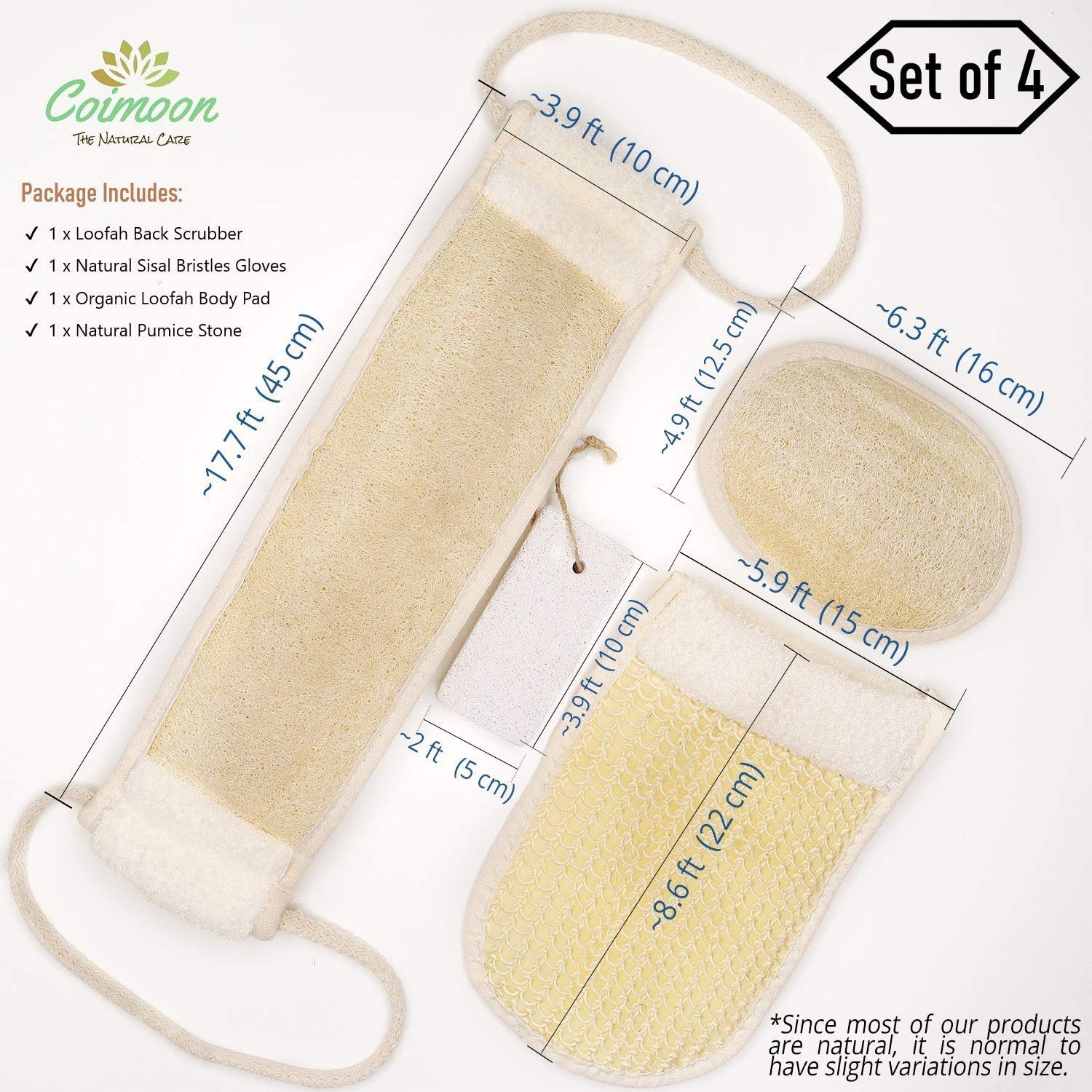 Coimoon - Set di 4 scrubber esfolianti naturali da bagno con setole di sisal, guanti, luffa, viso e corpo, spugnetta per viso e corpo, pietra pomice, esfoliante per la schiena (confezione da 4)