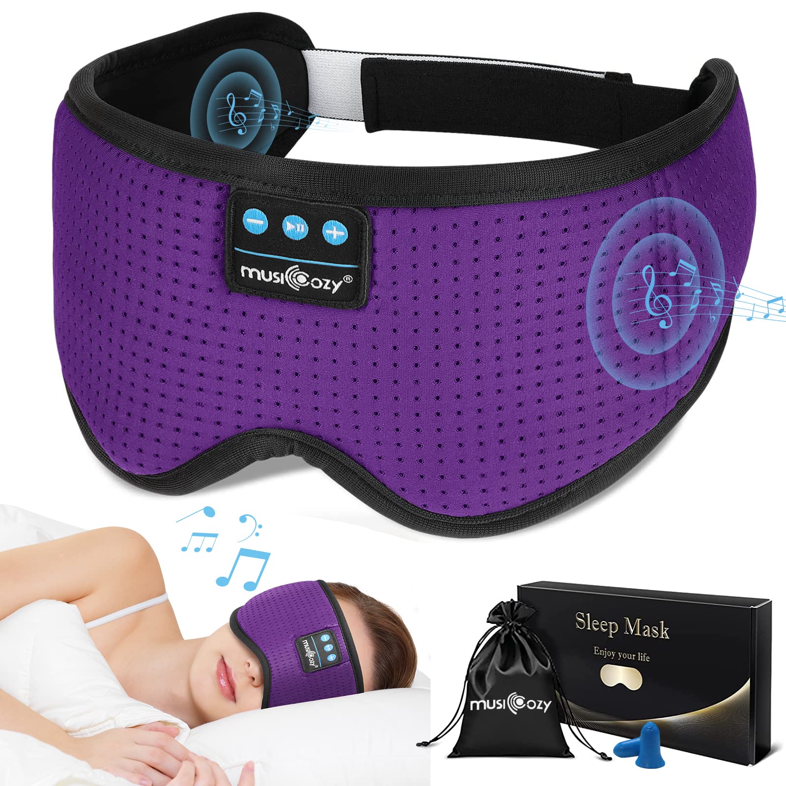 MUSICOZY White Noise Bluetooth Sleep Mask with 8 Soothing Sounds & 3D Wireless Sleep Headphones, Bluetooth Sleeping Headphones for Yoga Travel Office Relaxation, Tech Gadgets Gifts, Lavender PurpleClimatePartner certified