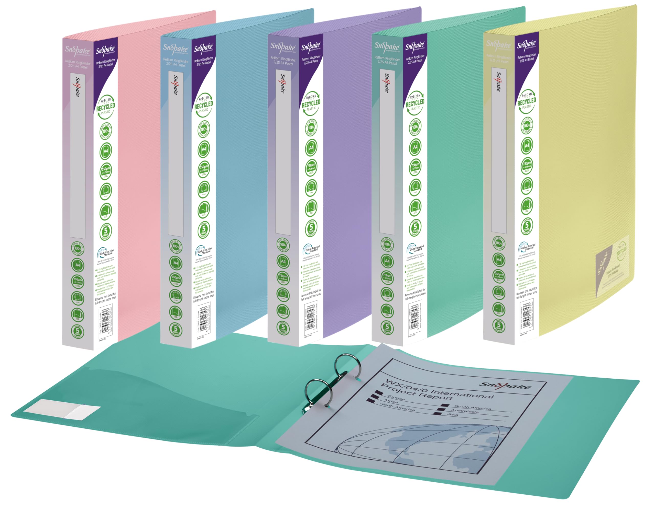 Snopake Reborn [100% Recycled] A4 2 O-Ring 25 mm Ringbinder – Pastel Assorted [Pack of 5] Ref: 15918