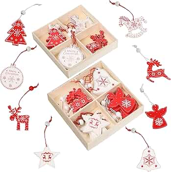 Lot De 12 Décorations De Noël En Bois Rouge Et Blanc - Ornements à Suspendre, Style Classique, 5,2cm