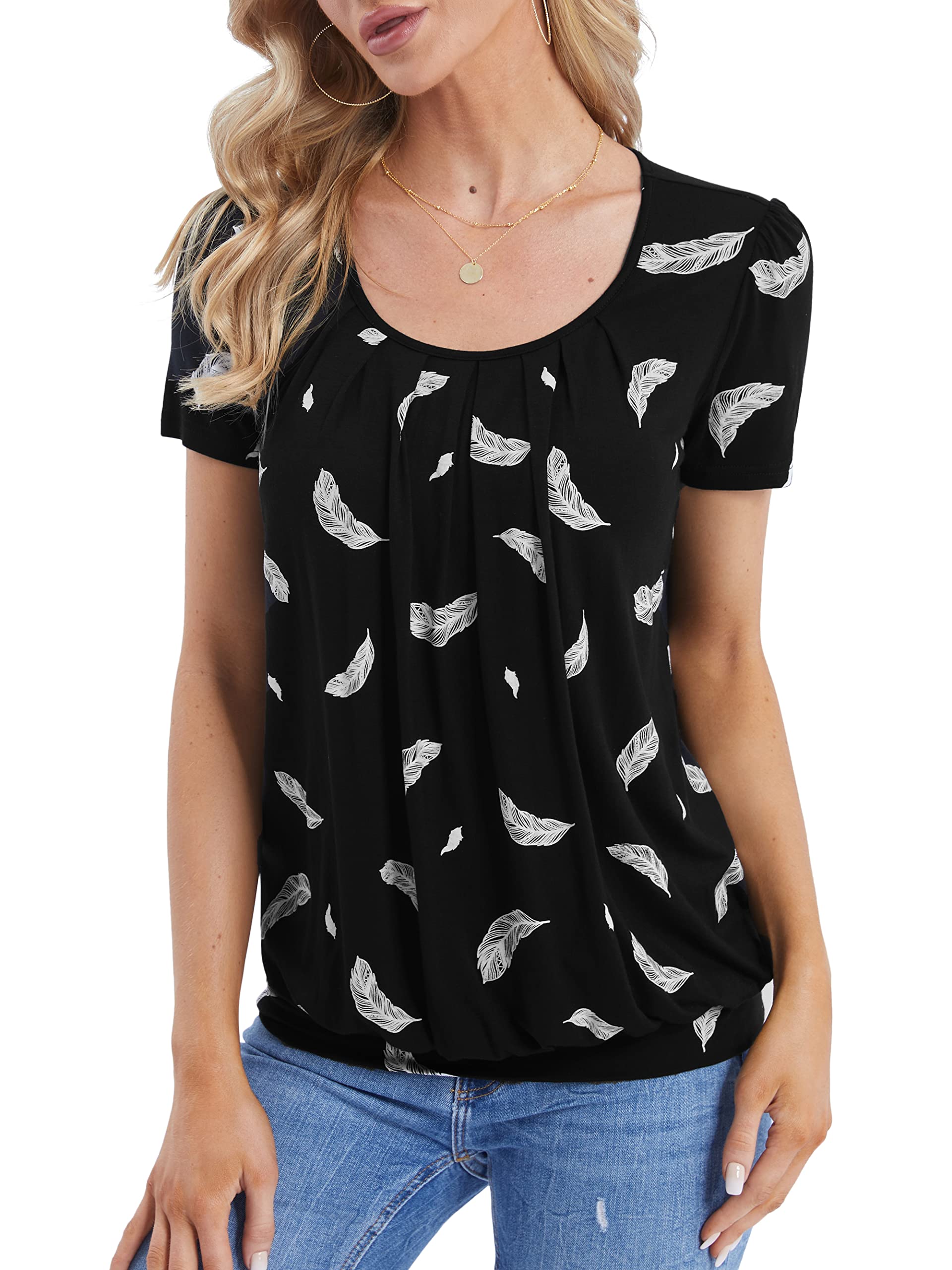 DJT Damen T-Shirt Sommer Oberteile Rundhals Falten Kurzarm Print Bluse Basic Shirt Tunika Tee Tops