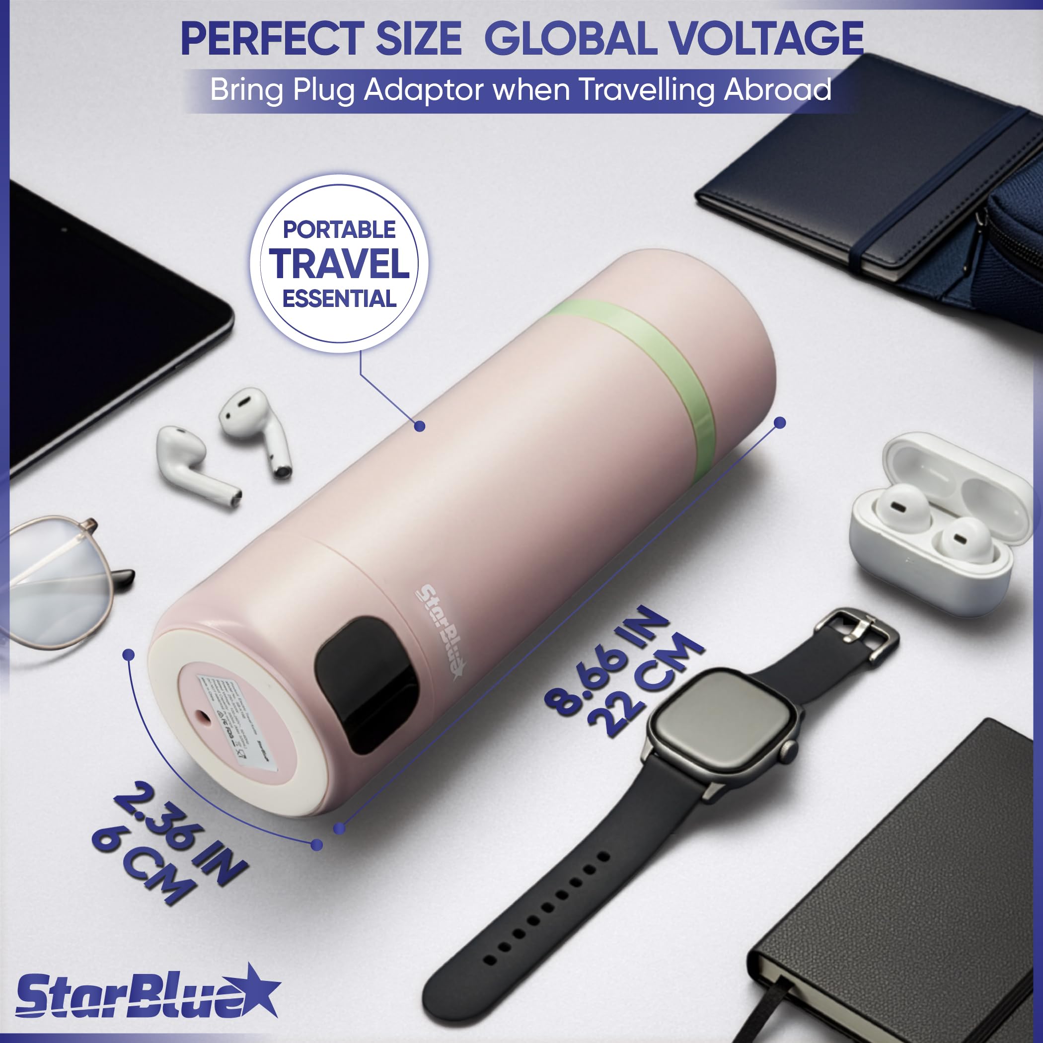 StarBlue Bouilloire de voyage portable rose, 350 ml, bouilloire électrique avec tension globale, 6 modes de température, affichage commutable ℃/℉, chaudière à eau compacte pour la maison et le bureau