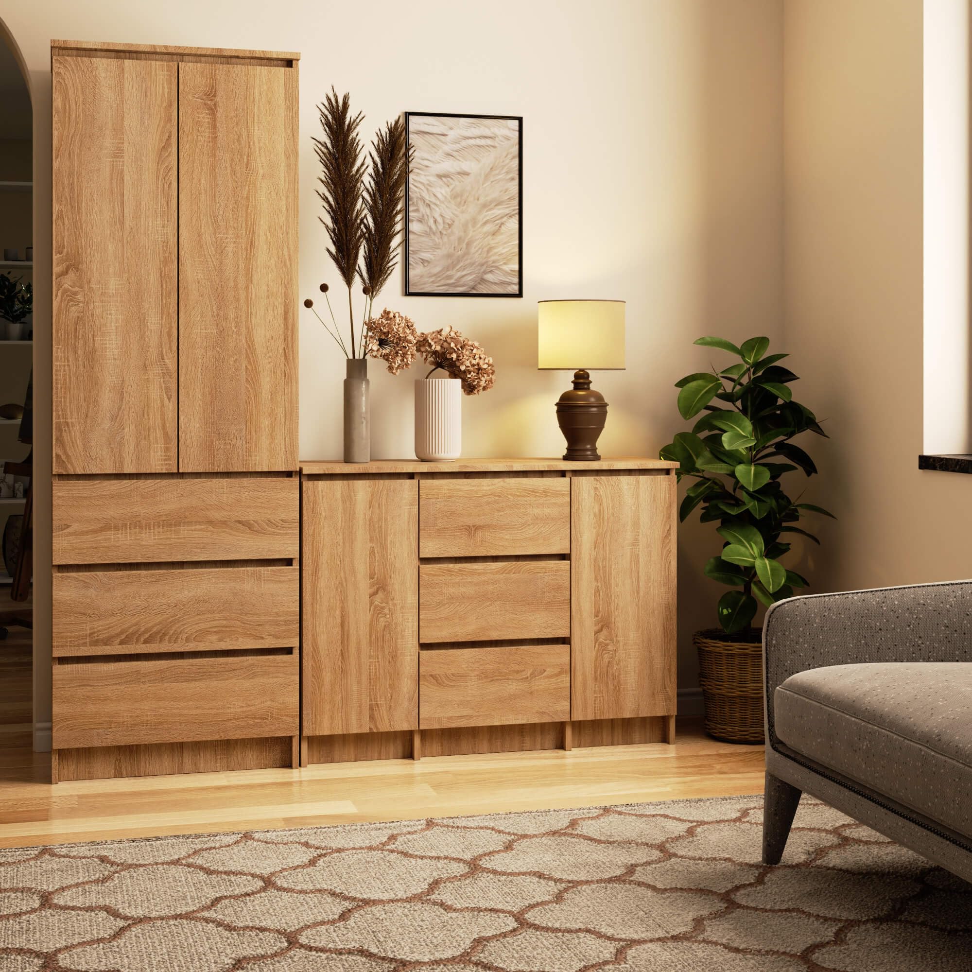 AKORD Cassettiera K100 con 2 Ante e 3 Cassetti | Mobiletti Ingresso Bagno | Armadio Cameretta | Comodino | Design moderno | 35x76x101 cm | Quercia Artisan & Quercia Artisan