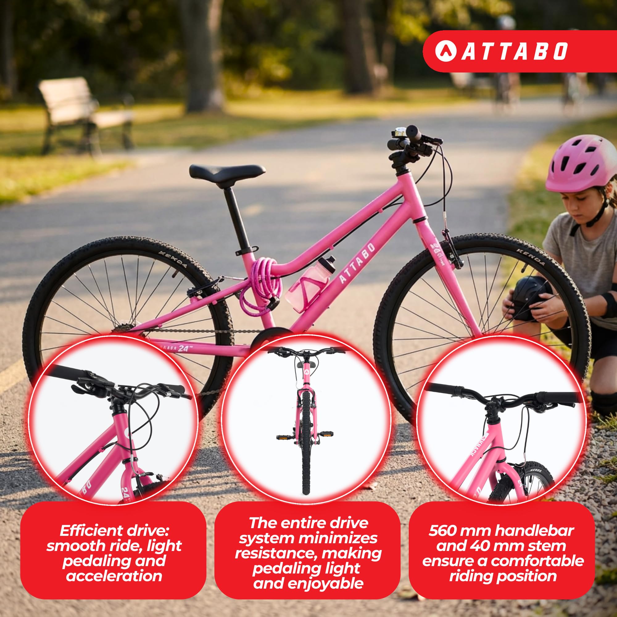 ATTABO Knack 24 - Bicicletta per bambini (7-11 anni) con telaio in alluminio leggero (solo 10 kg), ruote da 24", forcella in acciaio, per 120-145 cm, manubrio ergonomico ideale per escursioni e tempo