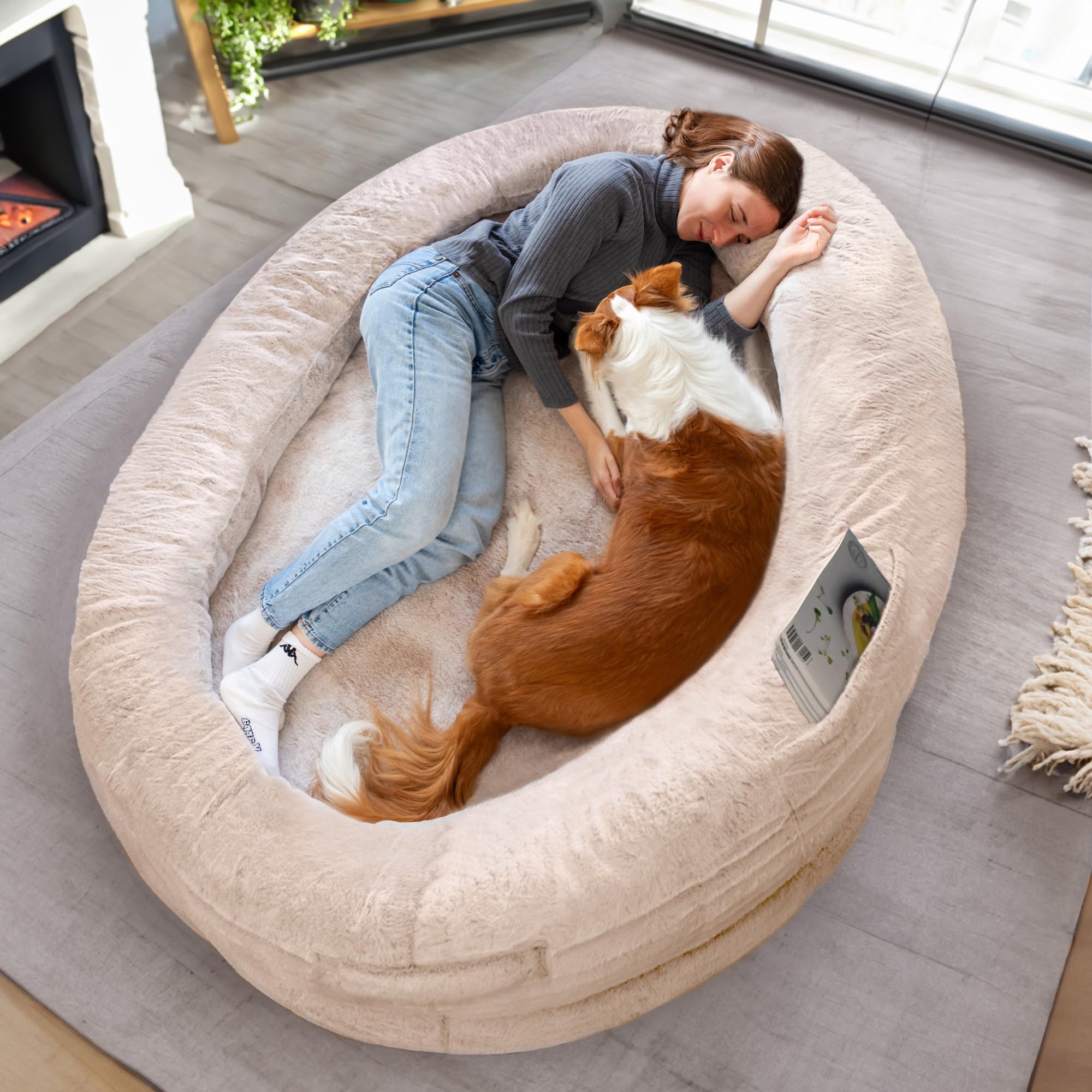 Cama Para Humanos y Amigos Peludos | Cama De Perro Para Humanos Cálida y Cómoda | Cama Perro Humano De Rosquilla | Cama Gigante Para Humanos y Mascotas | Cama Del Tamaño Humano para Adultos | Beige
