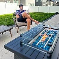 Vista 9 de Domi - Mesa de mimbre para fogata de gas propano de 43 pulgadas, 50,000 BTU con certificación CSA con mesa de aluminio similar a la madera