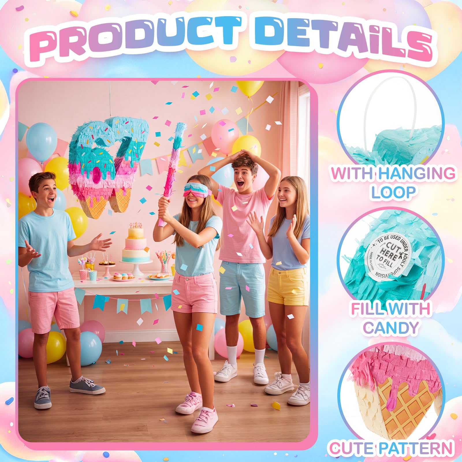 Sanwuta Juego de piñata de helado 67 con máscara de palo de murciélago y confeti, decoración de fiesta temática de Sundae multicolor, cartón duradero, ideal para celebración de cumpleaños de verano