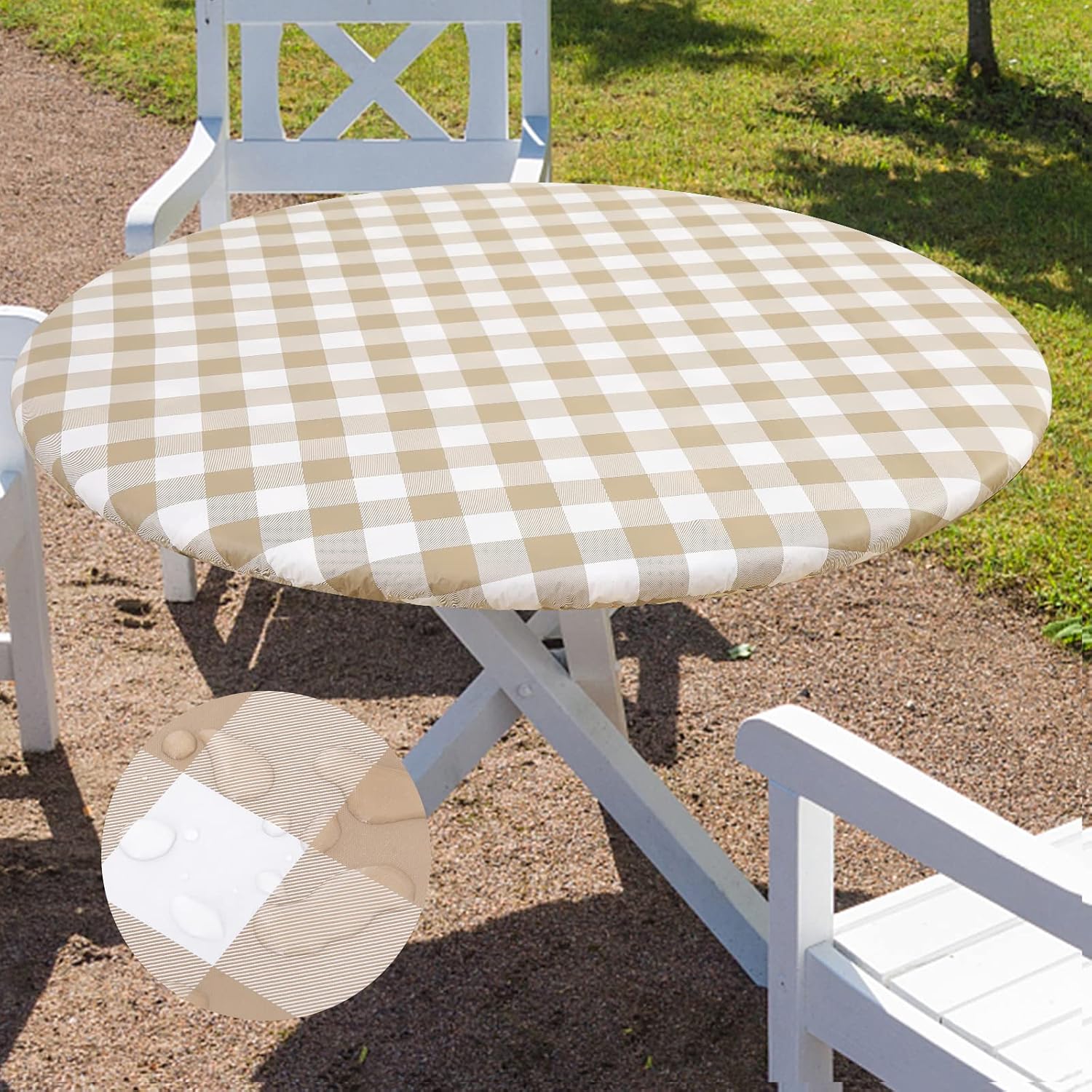 smiry Round Table Cloth Cover, Elastic Waterproof Fitted Vinyl Table Covers for 36"-44" Tables, Flannel Backed Buffalo Plaid Tablecloth for Picnic, Camping, Indoor and Outdoor, White and Khaki