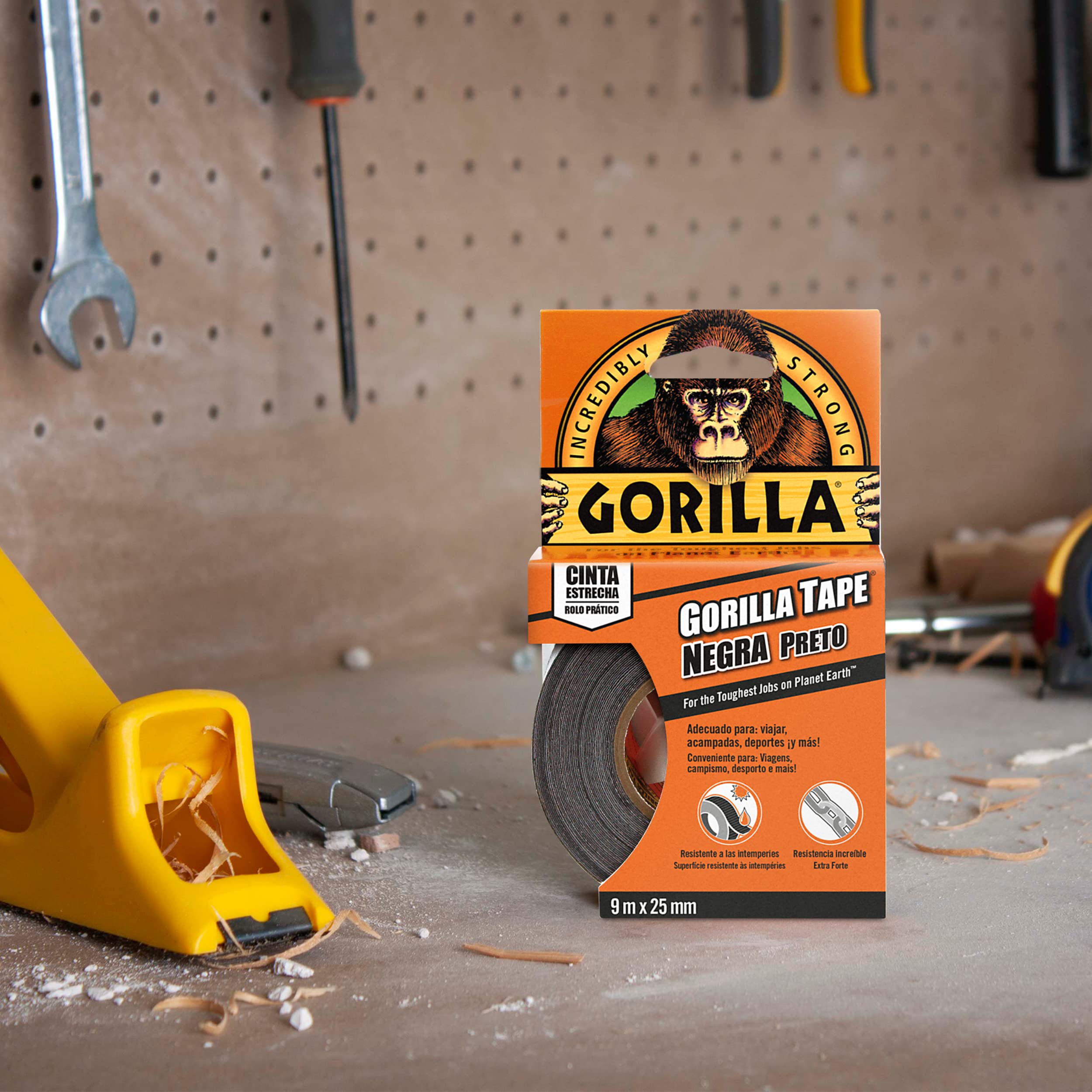 GORILLA Tape - Cinta Americana Negra, 9 m x 25 mm | Agarre Extrafuerte en Superficies Rugosas e Irregulares | Tricapa y Resistente a las Intemperies