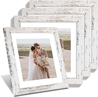 Hongkee 10x10 Picture Frame Set of 4, Real Glass and Wooden Frame, 8x8 Mat