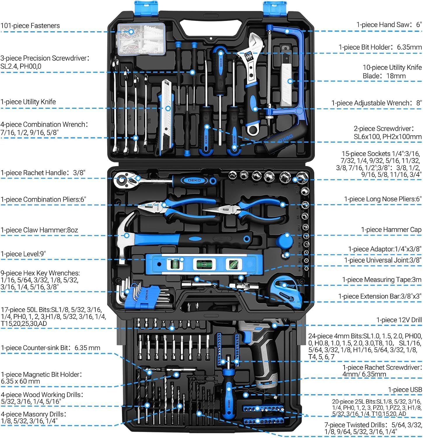 Tool Set: Tool Kit with 12V Cordless Drill, Hand Toolbox with storage case, Mechanic Tool set for Home Repairs, Blue