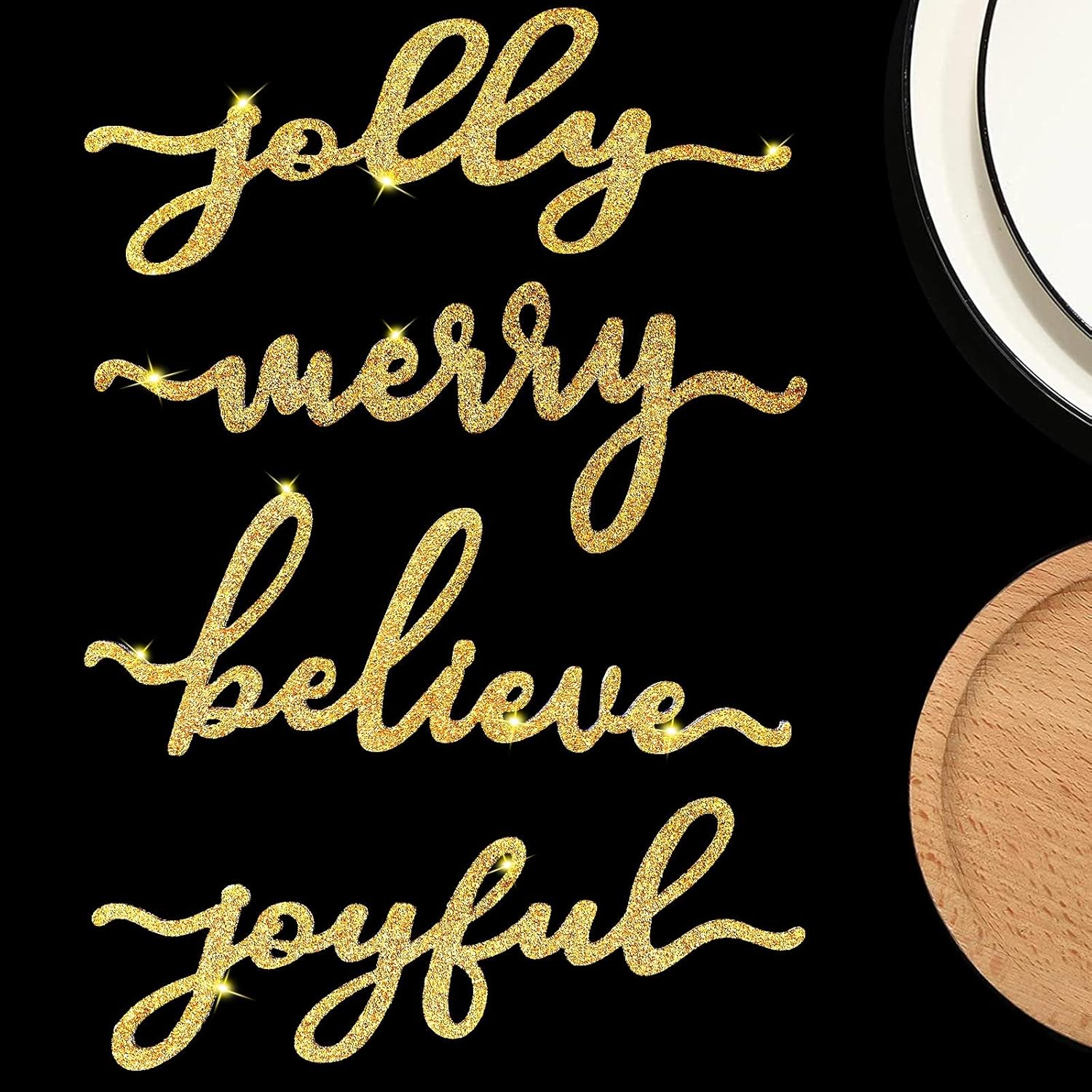 Queekay 8 Pieces Christmas Wood Plate Letter Sign Table Holders Word Cutouts Plates Kitchen Decor Wooden Word Signs for Christmas Plates Table Decorations(Gold Pink)