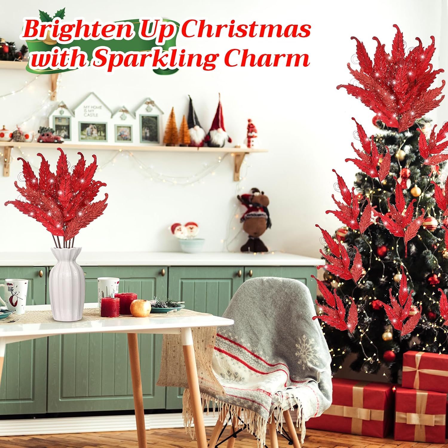 HyDren 10 Pcs Christmas Glitter Leaves Large Ornaments for Christmas Tree Picks Sprays Artificial Stems Branches Twigs Sprigs Floral for Xmas Tree Wreath Garland Vase DIY Decor(Red)