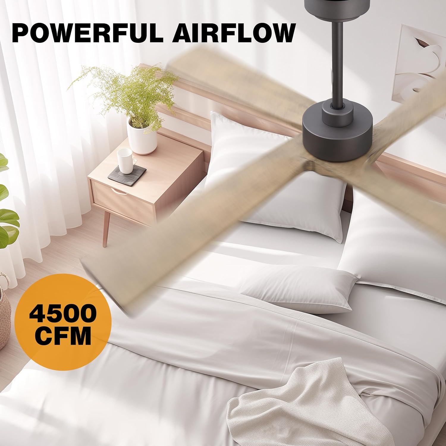 WINGBO 48 Inch DC Ceiling Fan Without Lights, 4 Carved Solid Wood Blades, 6-Speed Reversible DC Motor, Modern Ceiling Fan No Light for Indoor and Outdoor, Graphite and Gray, ETL Listed