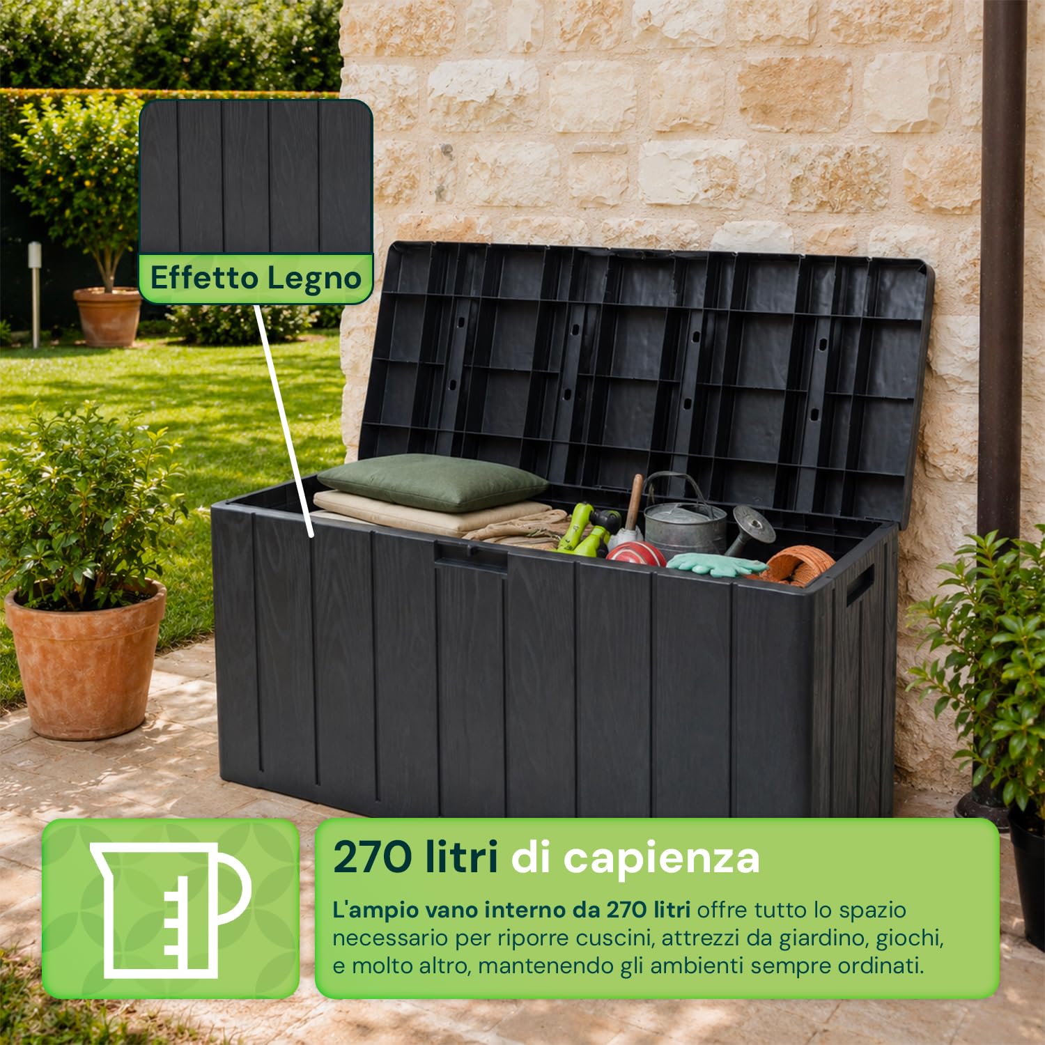 Baule Multiuso da Esterno e Interno 270 Litri in Resina Effetto Legno — Cassapanca Contenitore con Seduta, Antracite, per Giardino, Terrazzo e Casa