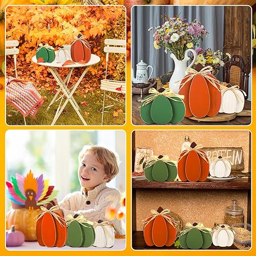 Miniatura 6 de Ferraycle 3 letreros de madera de otoño con diseño de calabaza, decoración de mesa de calabaza 3D, decoración rústica de bandeja escalonada, centros