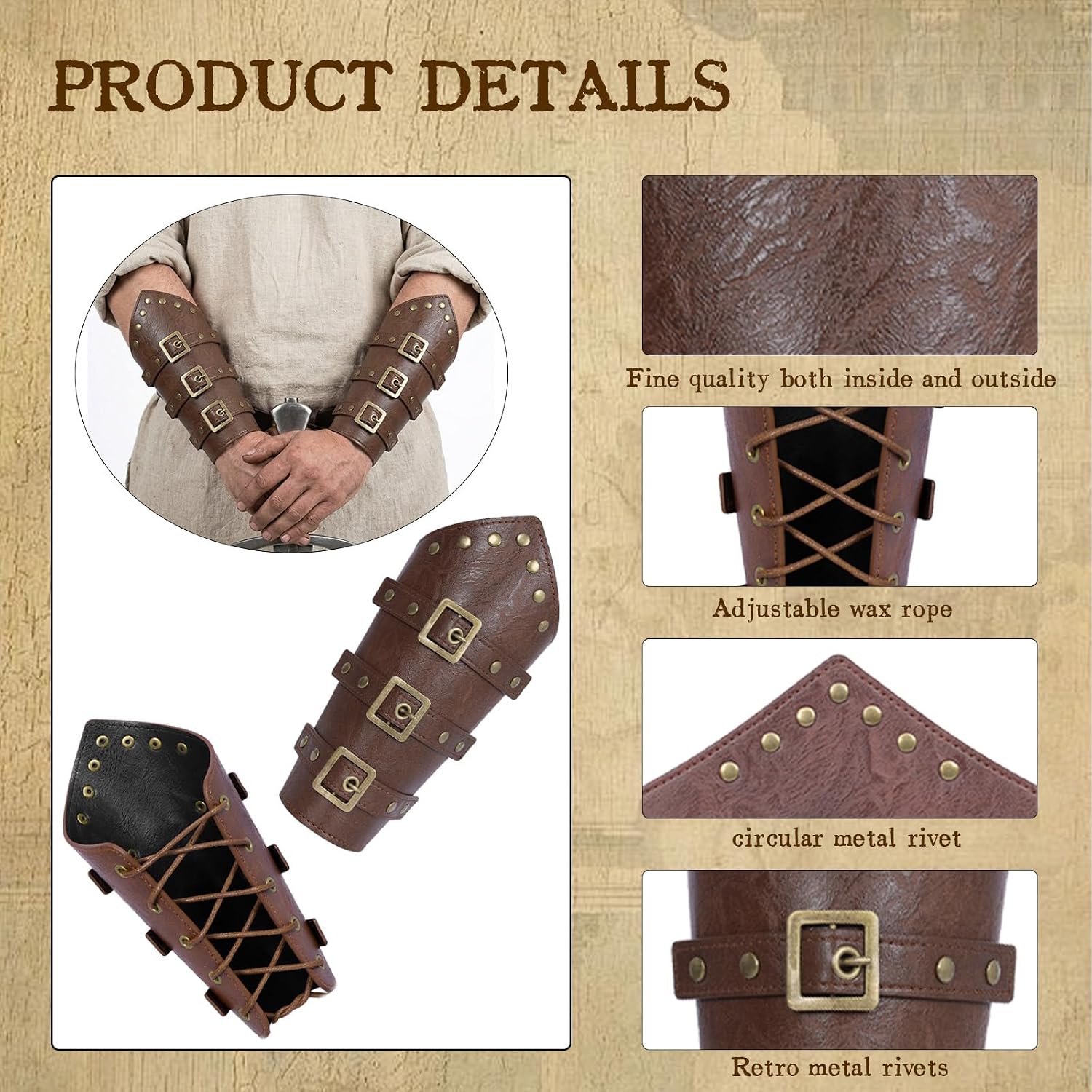 Renaissance Accessories Set with Viking Belt, Medieval Vintage Belt Pouch, Leather Bracers & Coin Purse for LARP (Brown A)