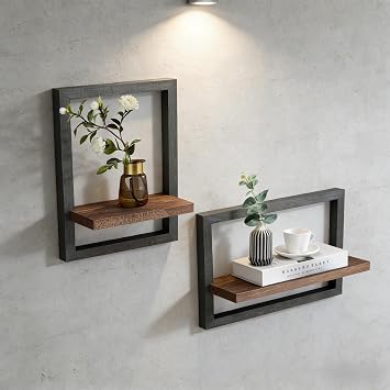 2Pcs Wood Wall Shelves for Bedroom Farmhouse, Rustic Floating Shelf Decorative Storage Shelving Wall Mounted Decor Shelves with Frame for Bathroom, Living Room Black
