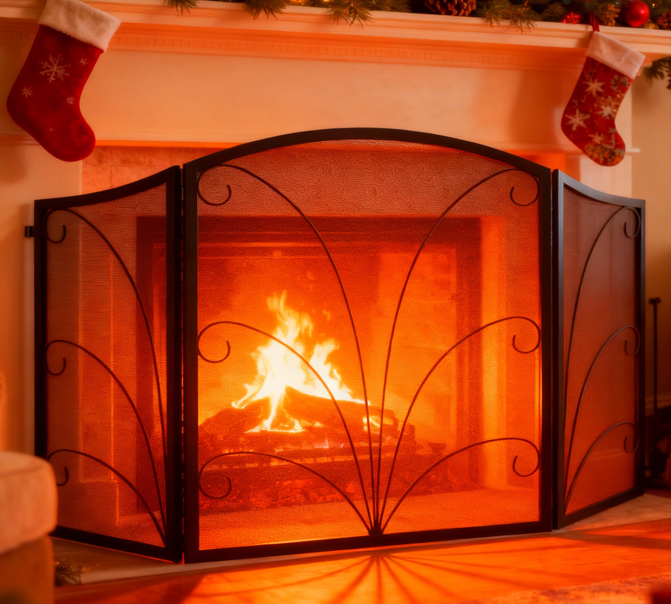 Kingson 3-Panel Arched Fireplace Screen Decorative, Handcrafted Scroll Wrought Iron Fireplace Spark Guard Cover - Black