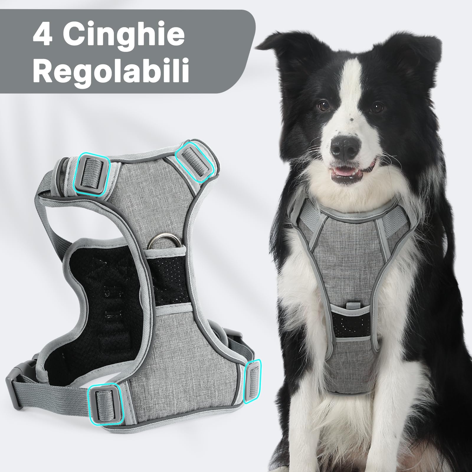 COMSLE Pettorina Cane Taglia Grande Media Piccola, Pettorina Cane ad h Riflettente, Pettorina Anti Tiro per Cani Regolabile con Doppio Anello, Imbracatura Cani Traspirante, Grigio, M