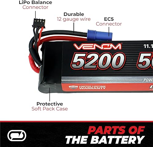 Miniatura 5 de Venom Drive Series 50C 3S - 5200mAh 11.1V LiPo RC Batería, polímero de litio 3 celdas, conector de silicona suave y compatible con 2WD, 4WD, camión