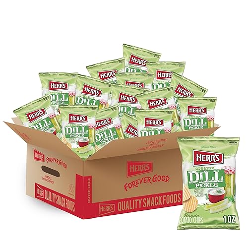 Herr's Papas fritas cremosas de eneldo, 2.75 onzas (paquete de 24 bolsas), sabor picante y cremoso a eneldo, perfecto para aperitivos sobre la marcha