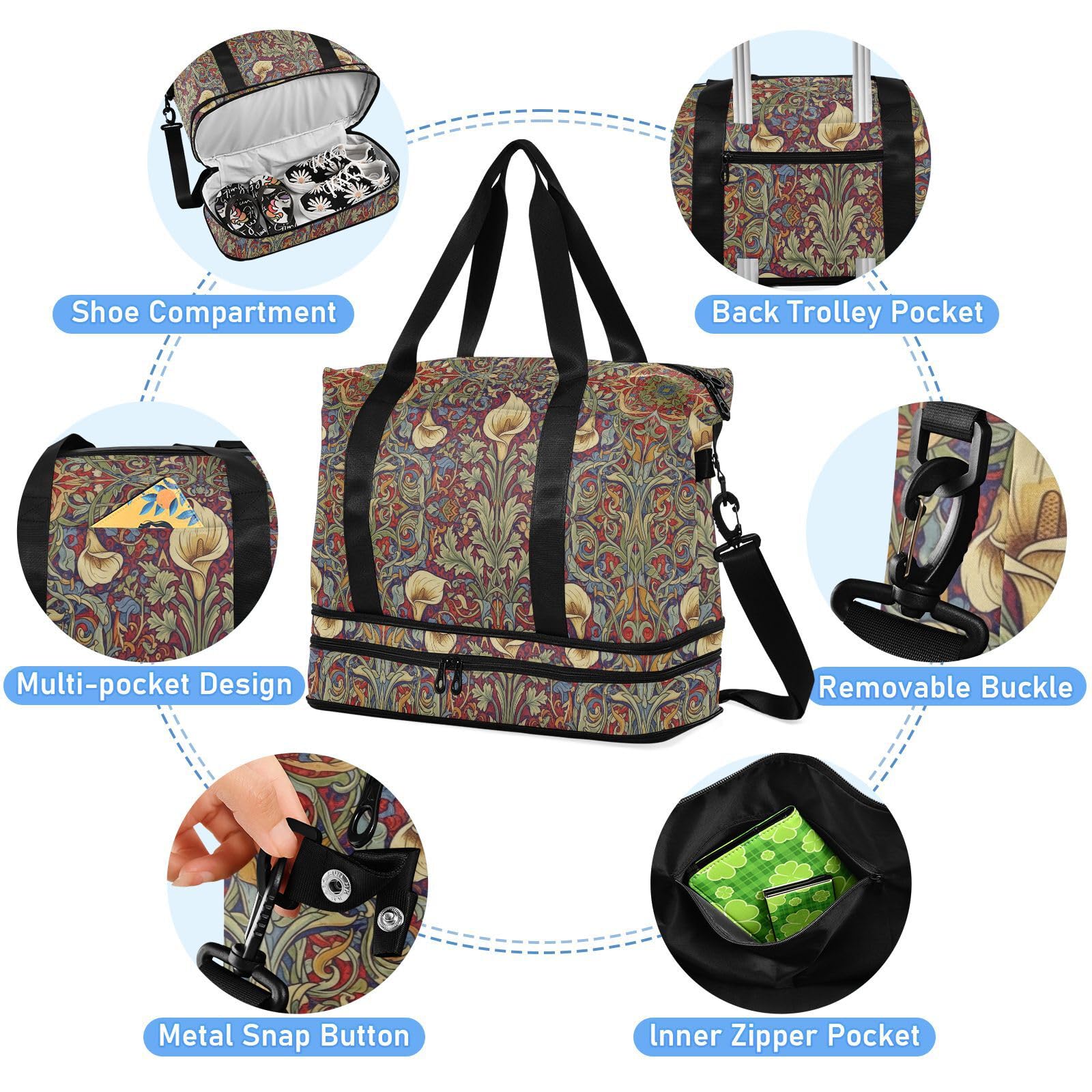 Calla Lily Red Blue William Morris - Bolsas de viaje con bolsillo húmedo con correa ajustable para senderismo, juego de 2 piezas para hombres y mujeres